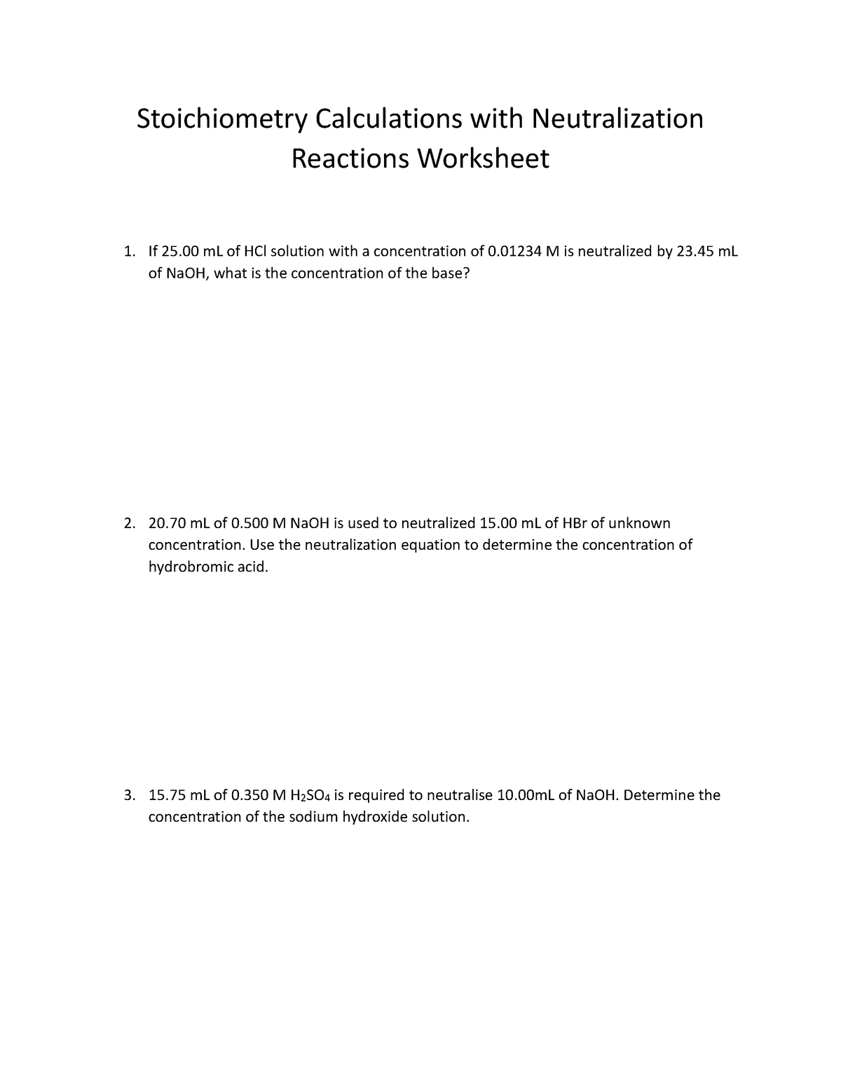 Worksheet-Stoich. w Neturalization Reactions - MUSPED 5004A - Adelaide 