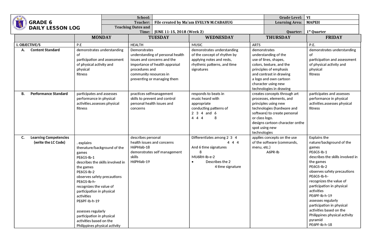 DLL Mapeh 6 Q1 W2 - Weekly Lesson Plan - GRADE 6 DAILY LESSON LOG ...