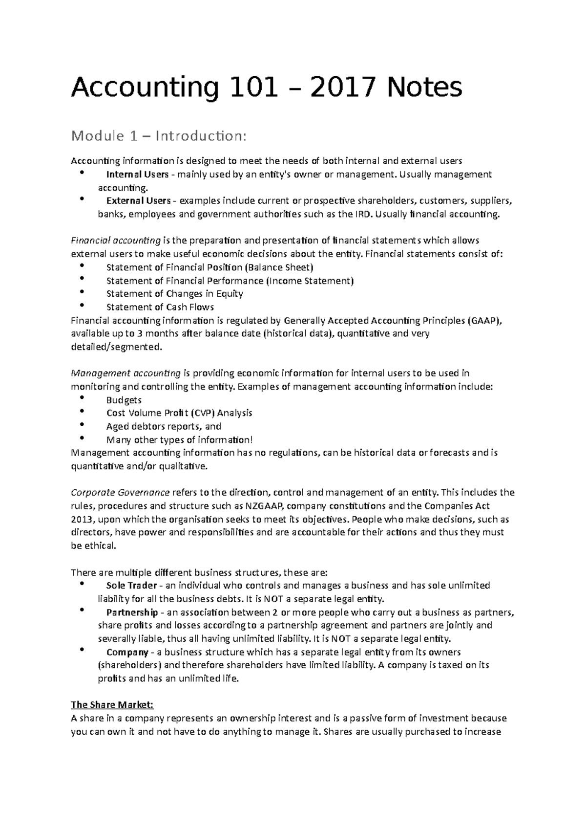 Accounting 101 - Full Course Notes 2017 - Accounting 101 – 2017 Notes