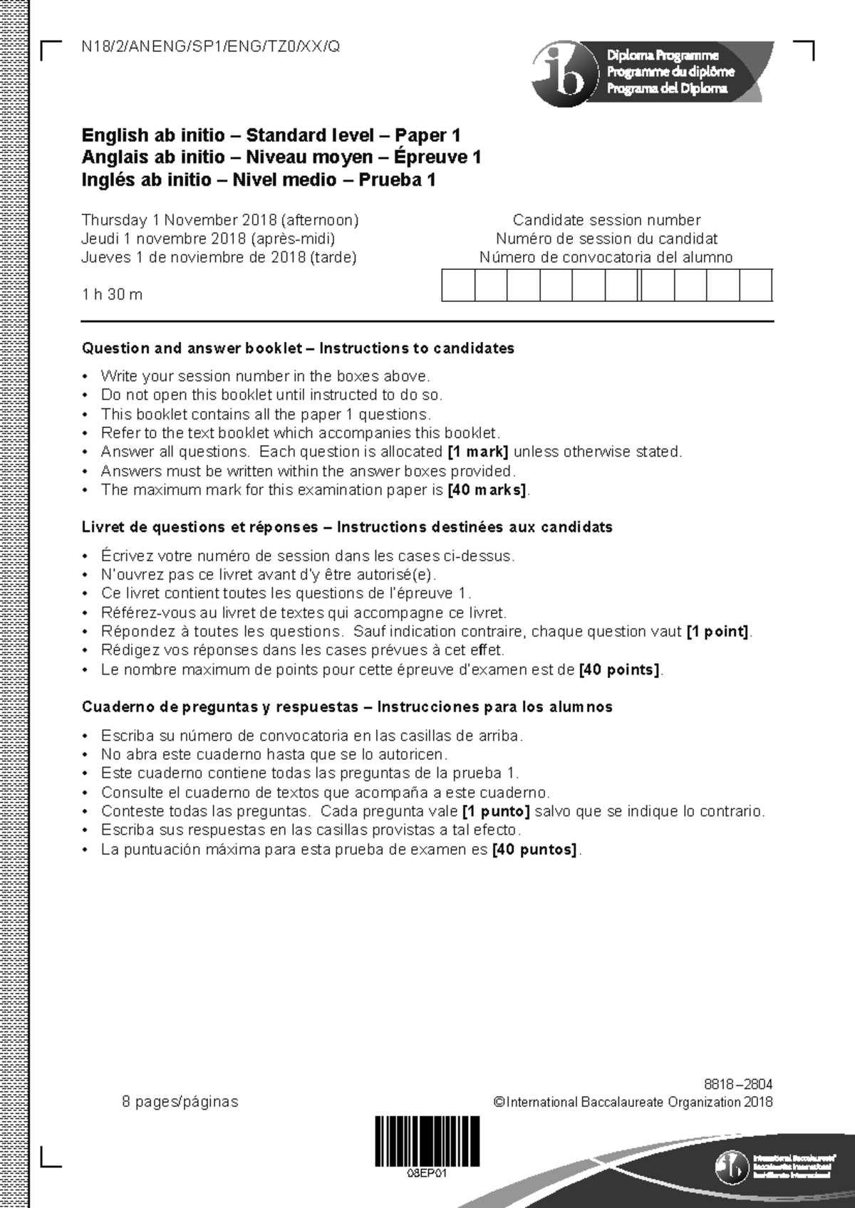 English ab initio paper 1 question booklet SL - 1 h 30 m Candidate ...