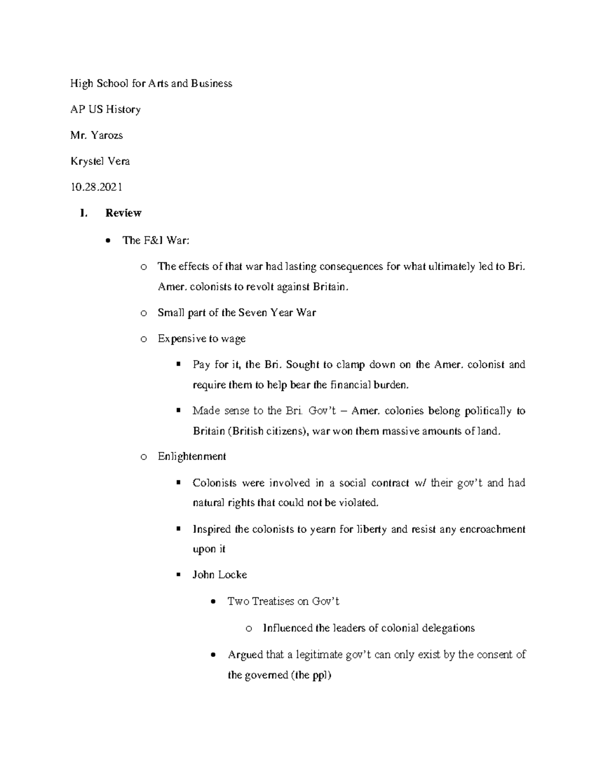 The Road to Revolution - Outlines of class notes - High School for Arts ...