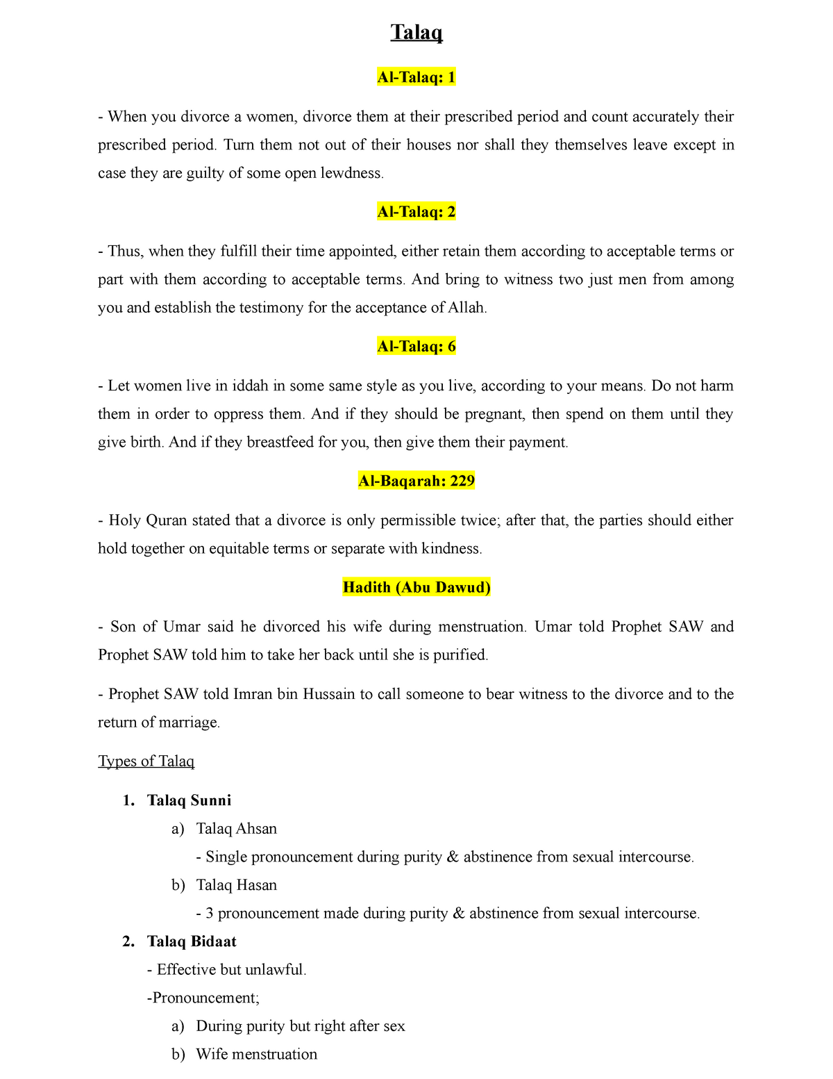 Talaq Family Law 1 Lecture Notes 9 Talaq Al Talaq When You Divorce Women Studocu