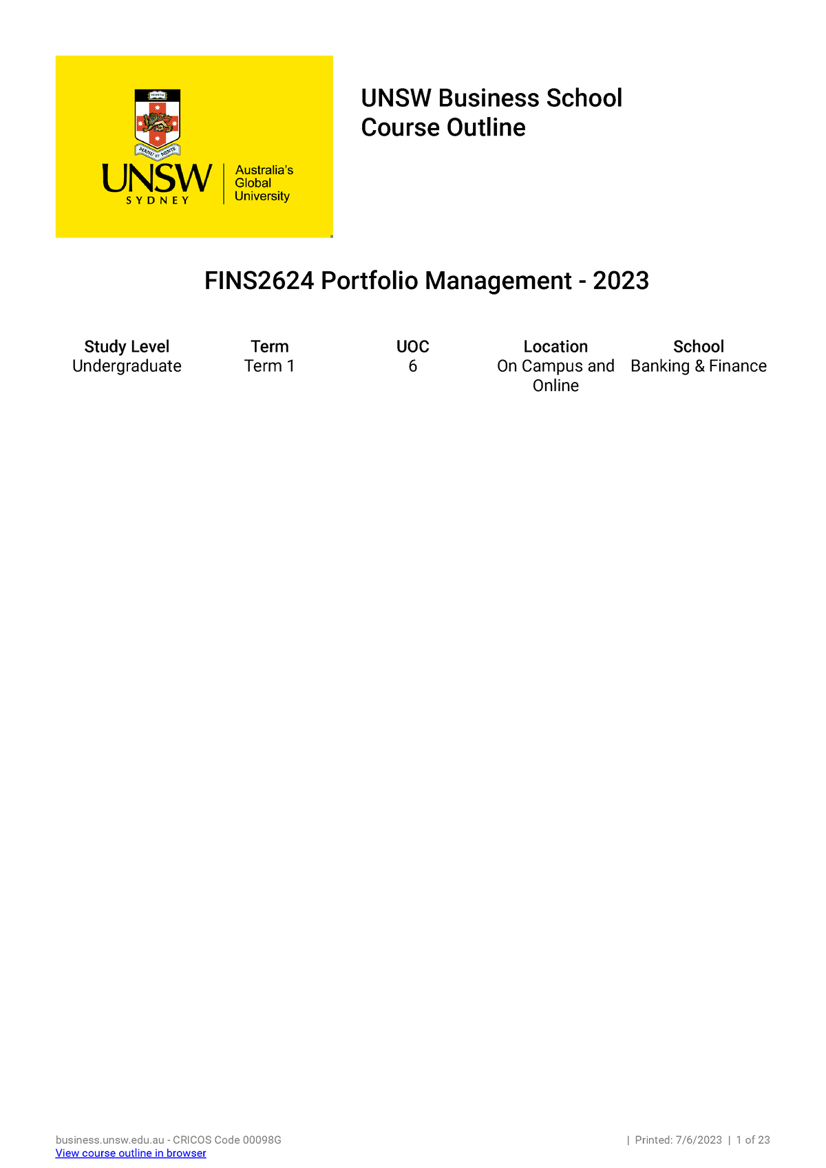 FINS2624 Course Outline - UNSW Business School Course Outline FINS2624 ...