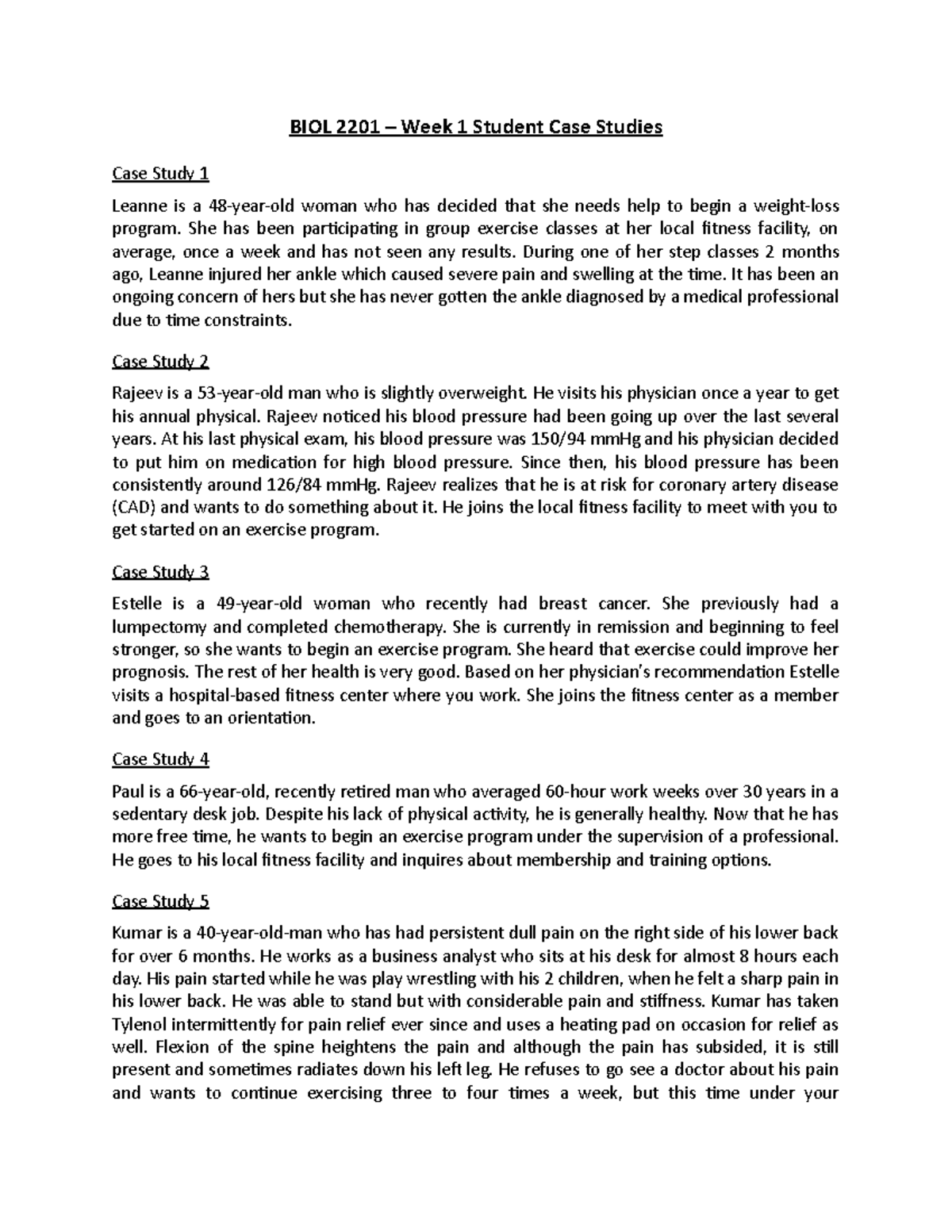 BIOL 2201 Week 1 Case Studies BIOL 2201 Week 1 Student Case