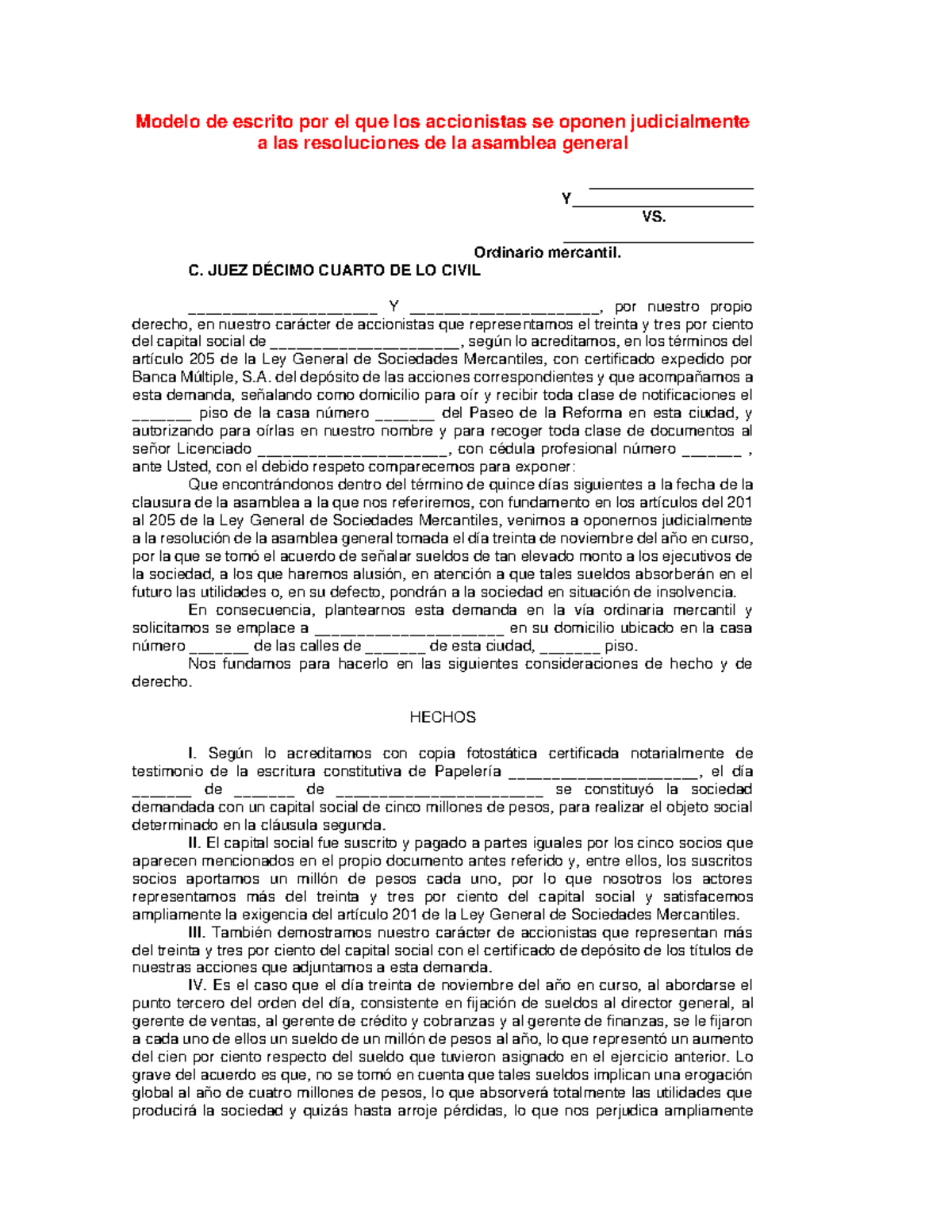 Demanda De Oposicion - Modelo De Escrito Por El Que Los Accionistas Se ...