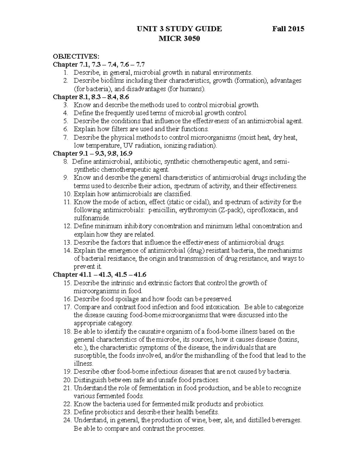 Unit 3 Study Guide UNIT 3 STUDY GUIDE Fall 2015 MICR 3050 OBJECTIVES