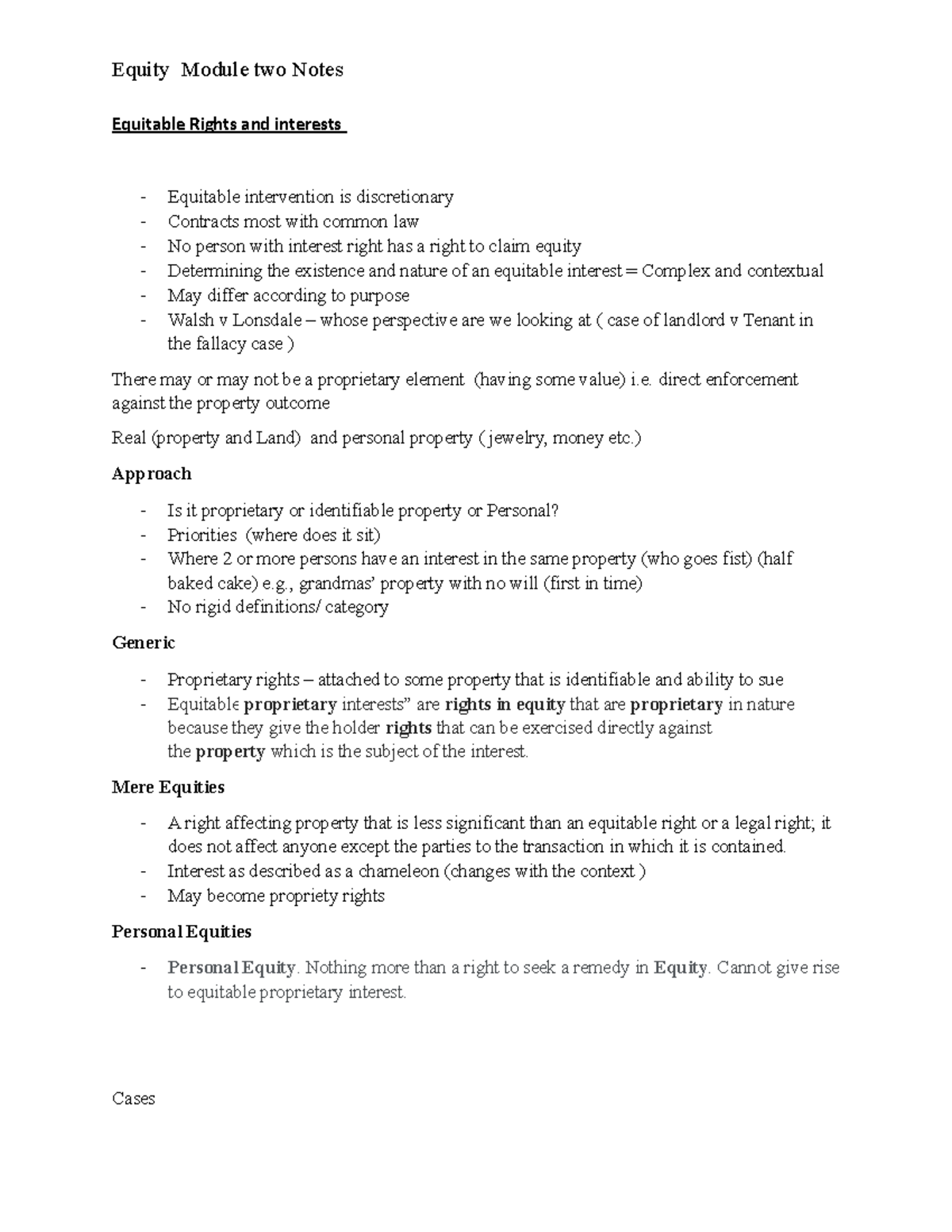 Equity Module two Notes - Equitable Rights and interests Equitable ...