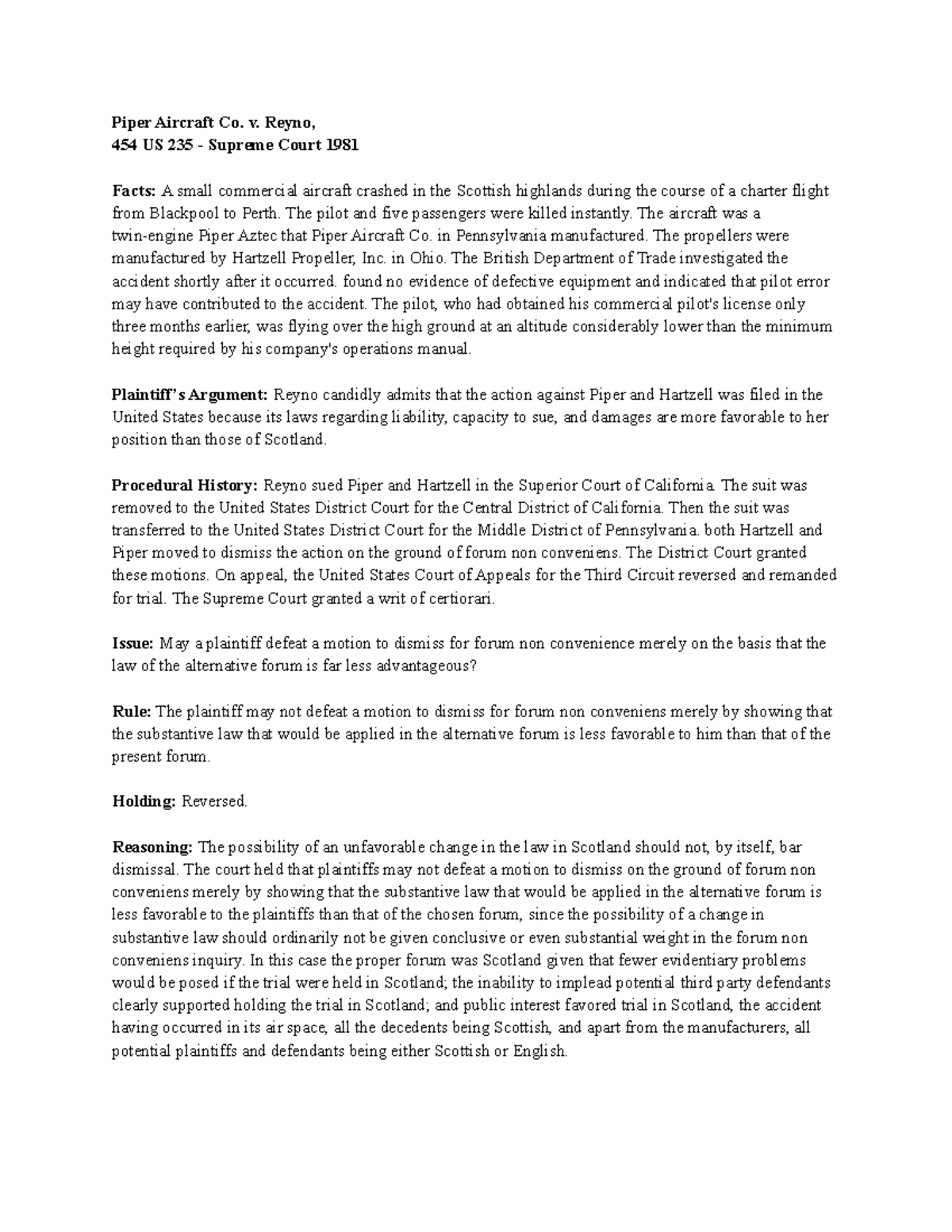 Piper Aircraft Co. V. Reyno - Piper Aircraft Co. V. Reyno, 454 Us 235 -  Supreme Court 1981 Facts: A - Studocu