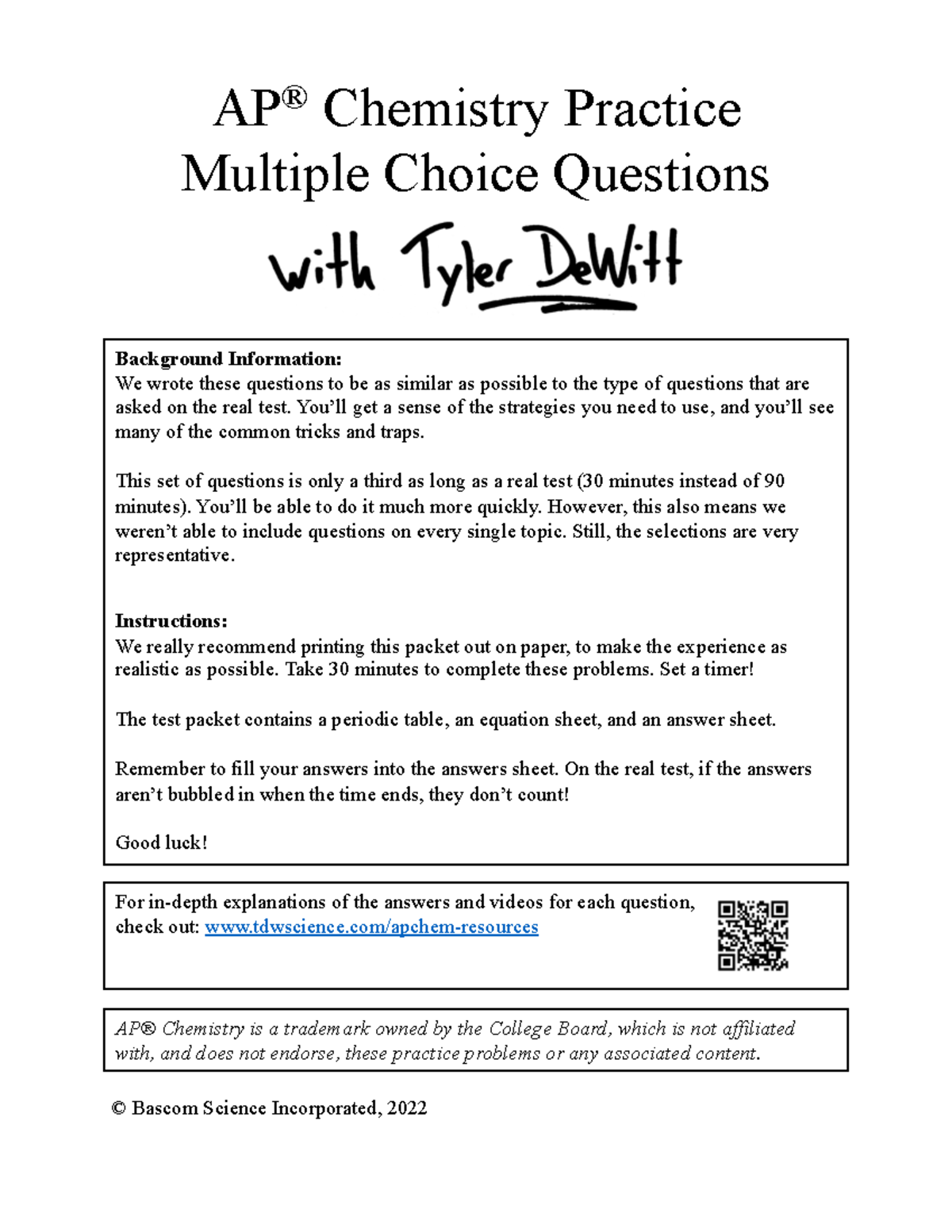 AP Chemistry Multiple Choice Packet - AP ® Chemistry Practice Multiple ...