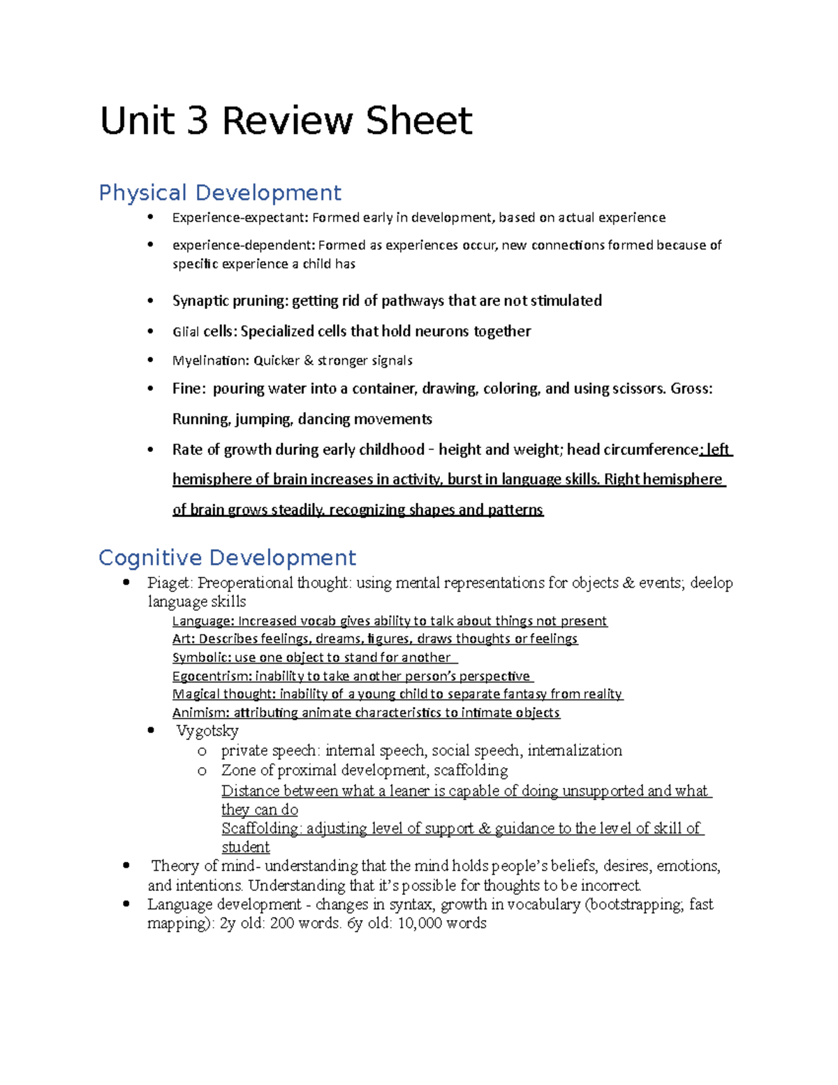 Unit III Review Sheet - Unit 3 Review Sheet Physical Development ...