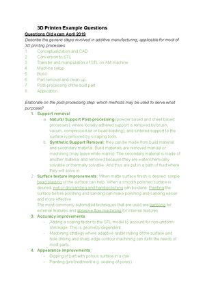 3D Printen Example Questions, with answers from lectures