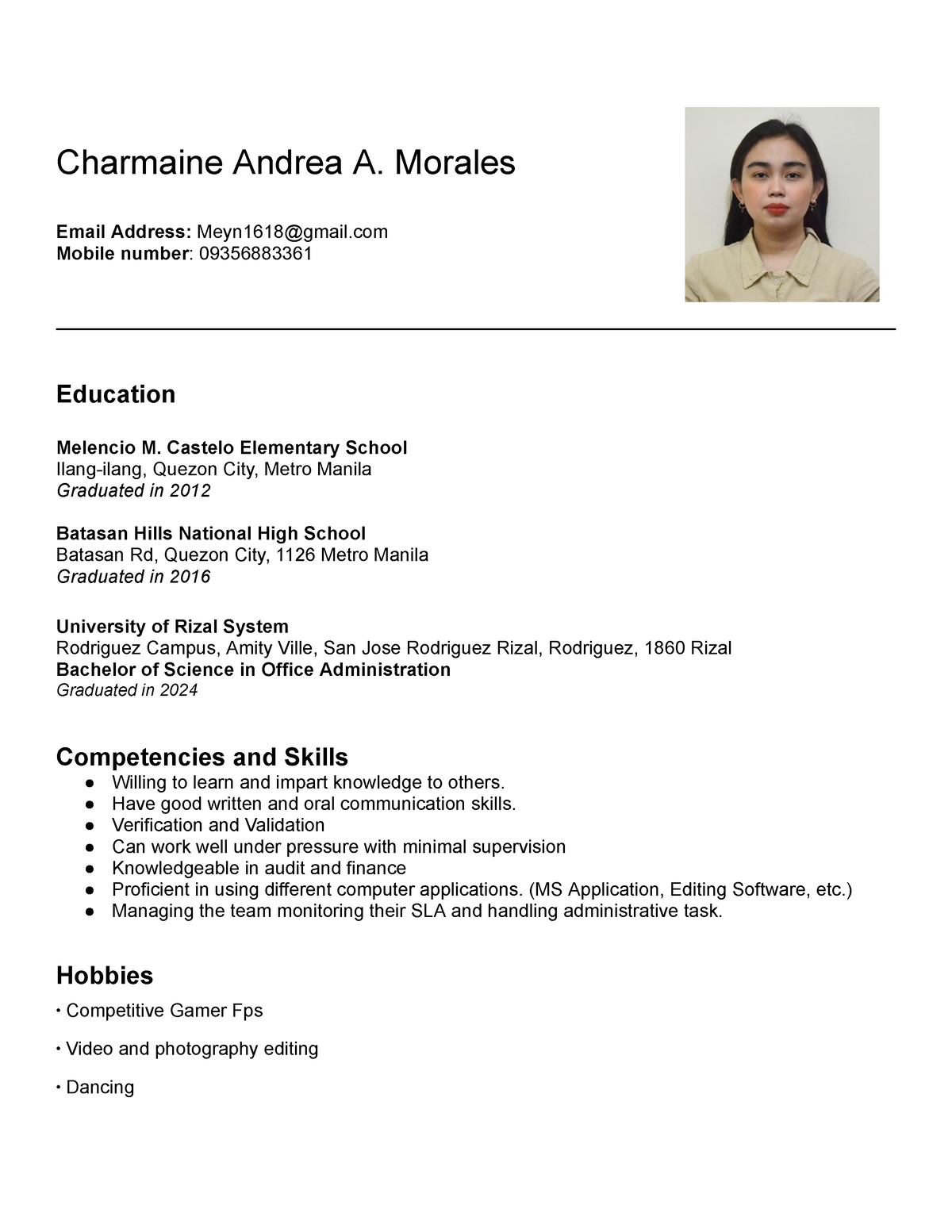 Charmaine Andrea Morales Resume - Bachelor Of Secondary Education 