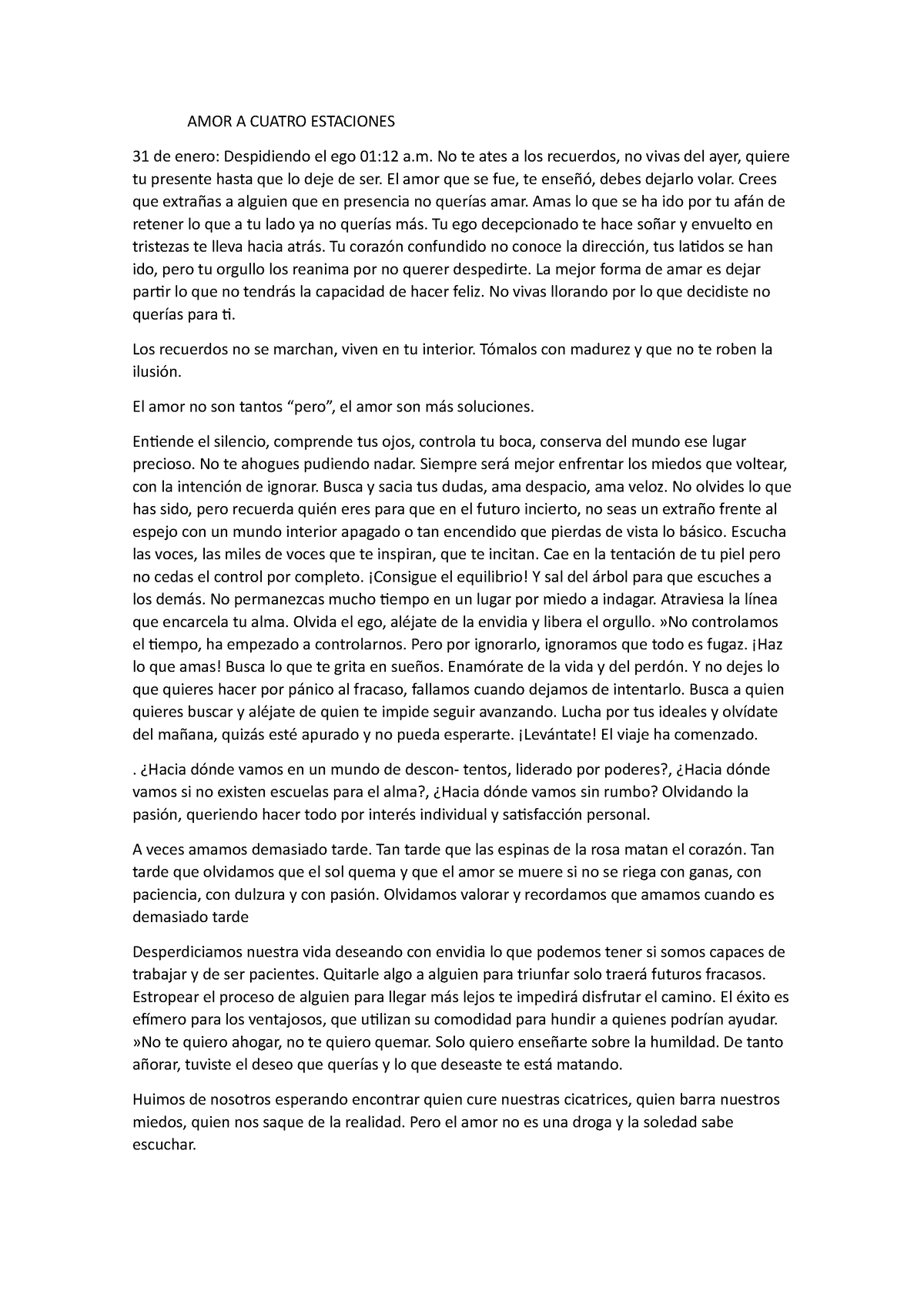 Amor a 4 estaciones frases Y otros documentos - AMOR A CUATRO ESTACIONES 31  de enero: Despidiendo el - Studocu