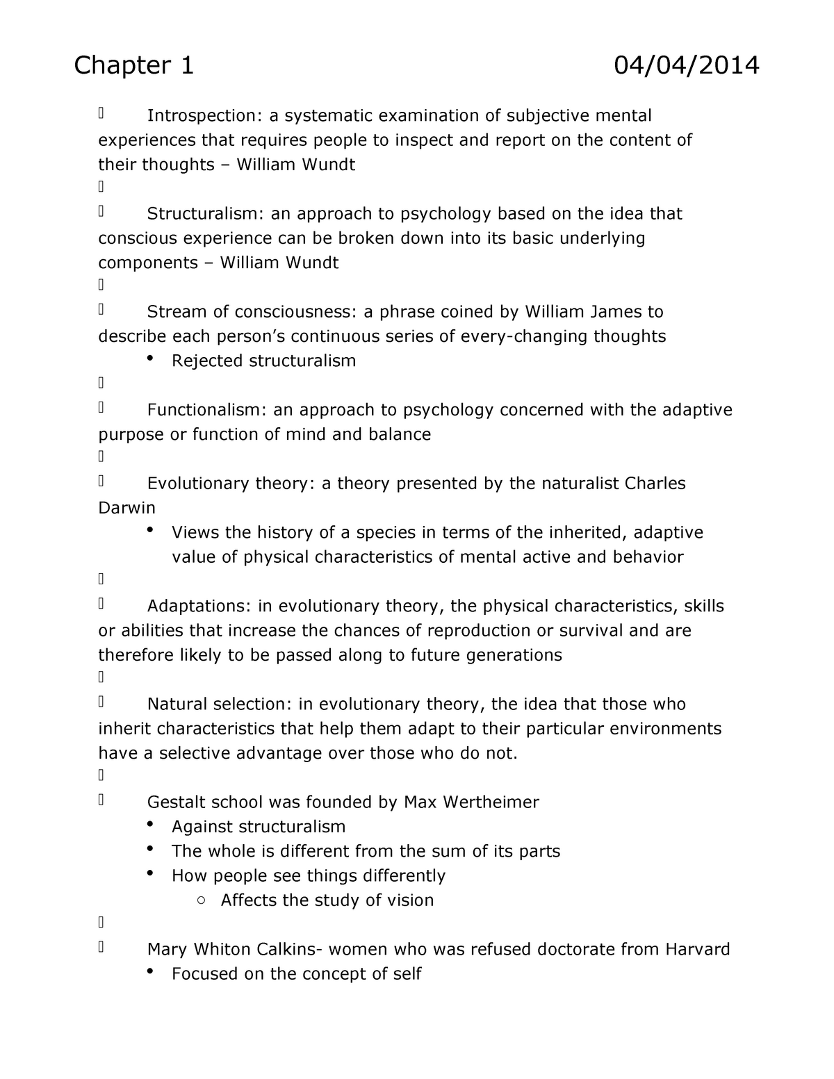 Introduction To Psychology Lecture Notes Chapter 1 Chapter 1 Introspection A Systematic 5681