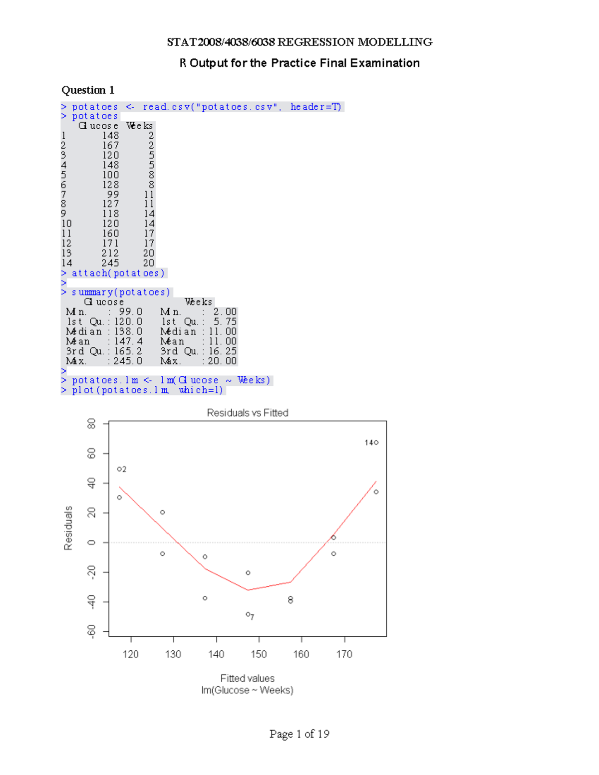 Sample/practice exam R O utput for the Practice Final Examination