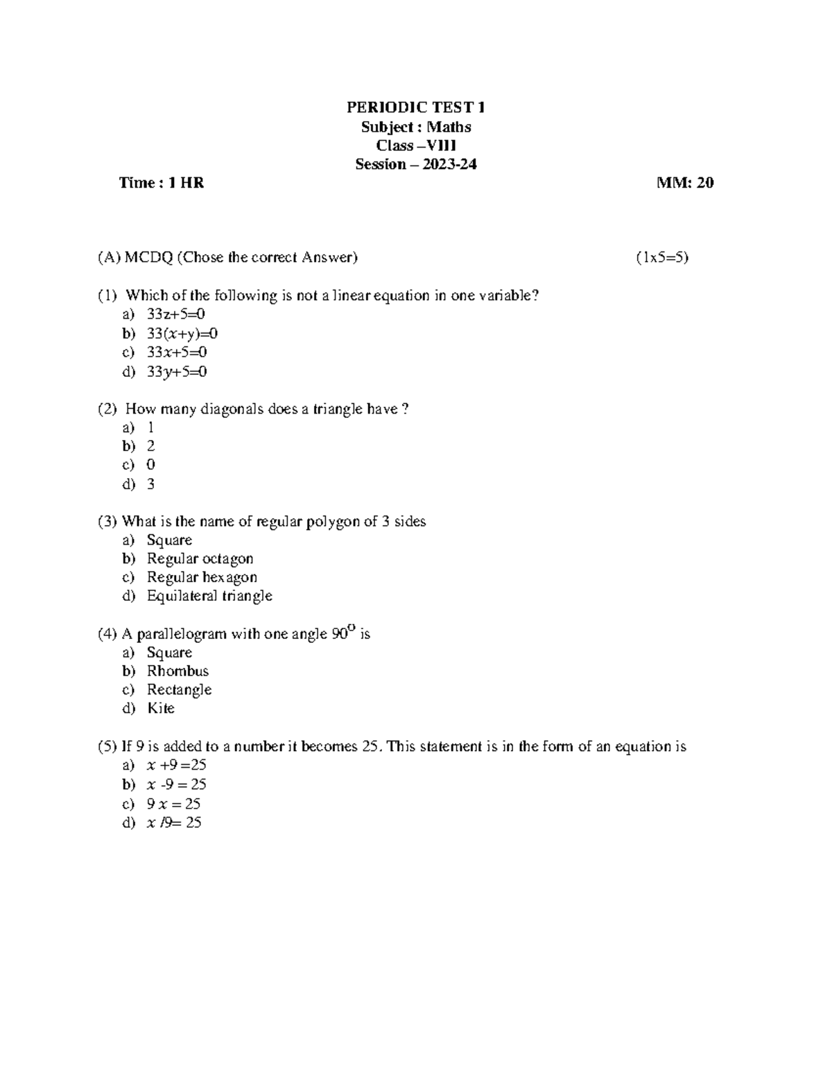 Periodic TEST 1 - PERIODIC TEST 1 Subject : Maths Class – VIII Session ...