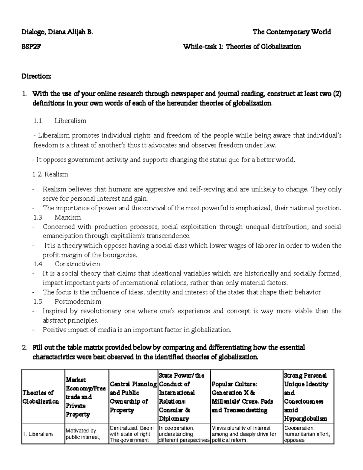 Dialogo-M1 Lesson 3- Theories of Globalization - Dialogo, Diana Alijah ...