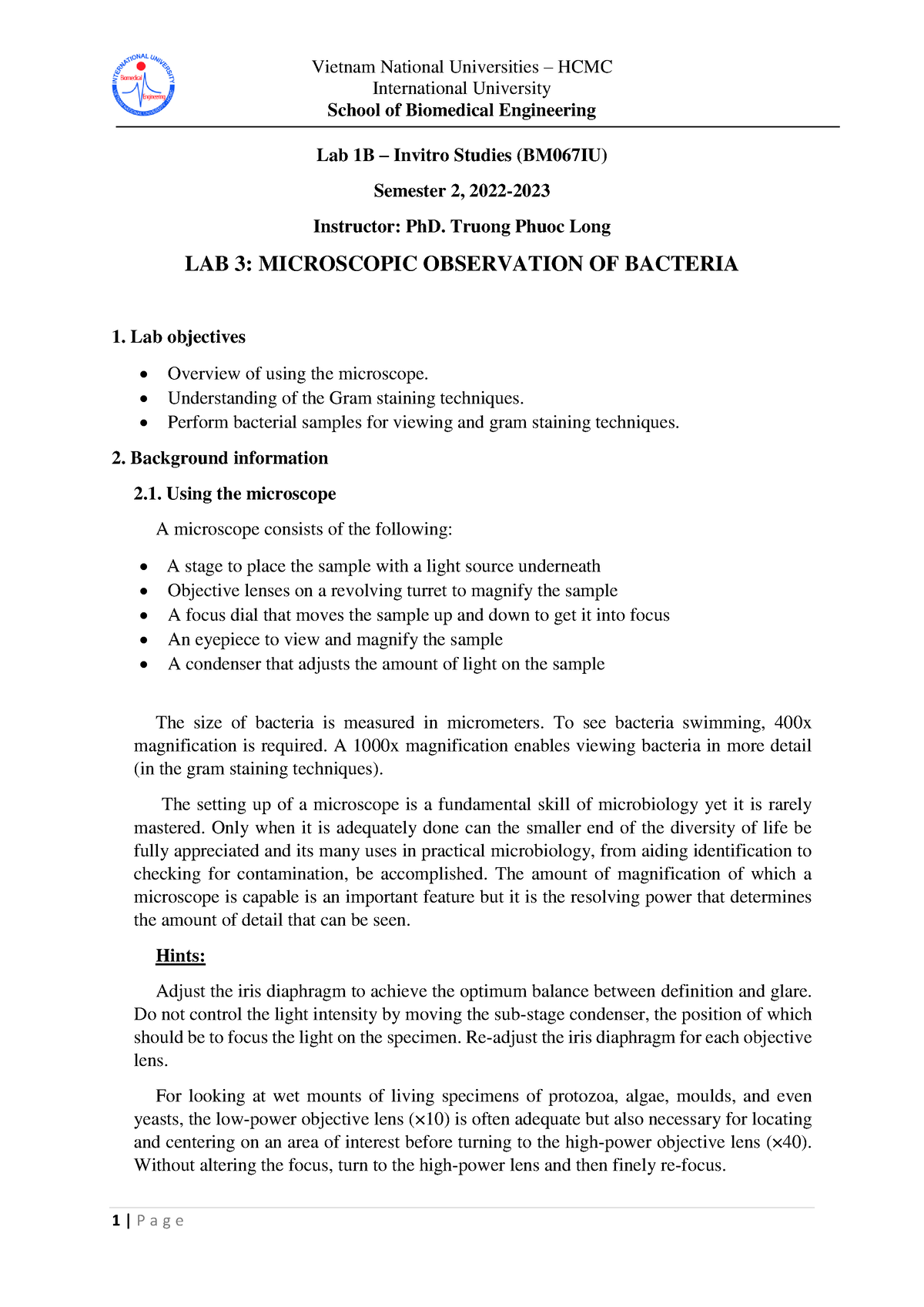 Lab 1B-Lab 3 Manual - Lab 1B - Invitro Studies - VNUHCM - International ...