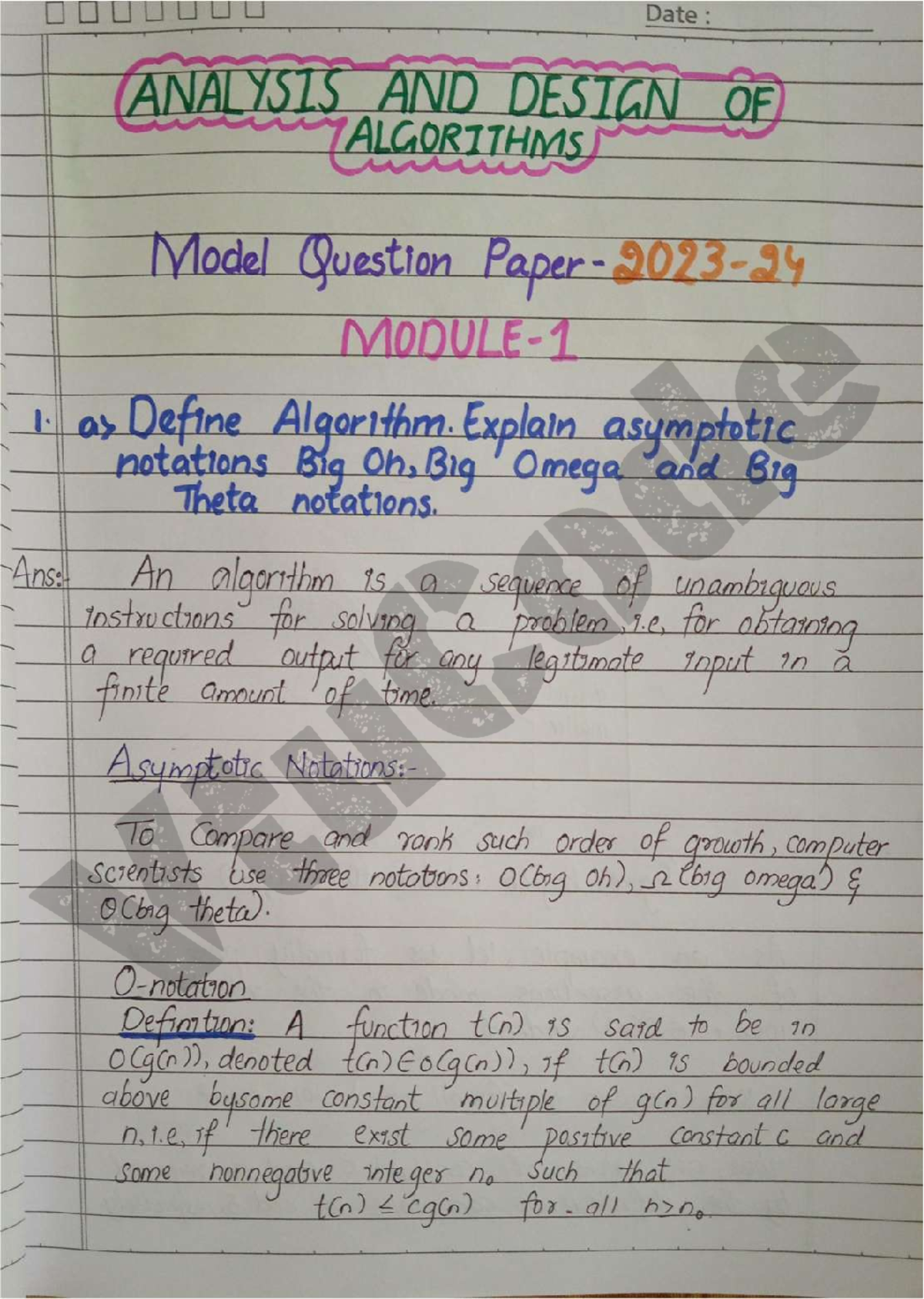 Model paper with solution - Date: ANALYSIS AND DESIGN OF ALGORITHMS ...