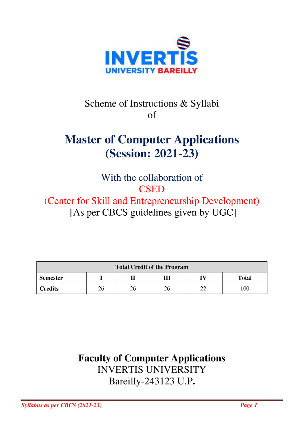 MCA With CSED (For 2nd Year Students) - Scheme Of Instructions ...