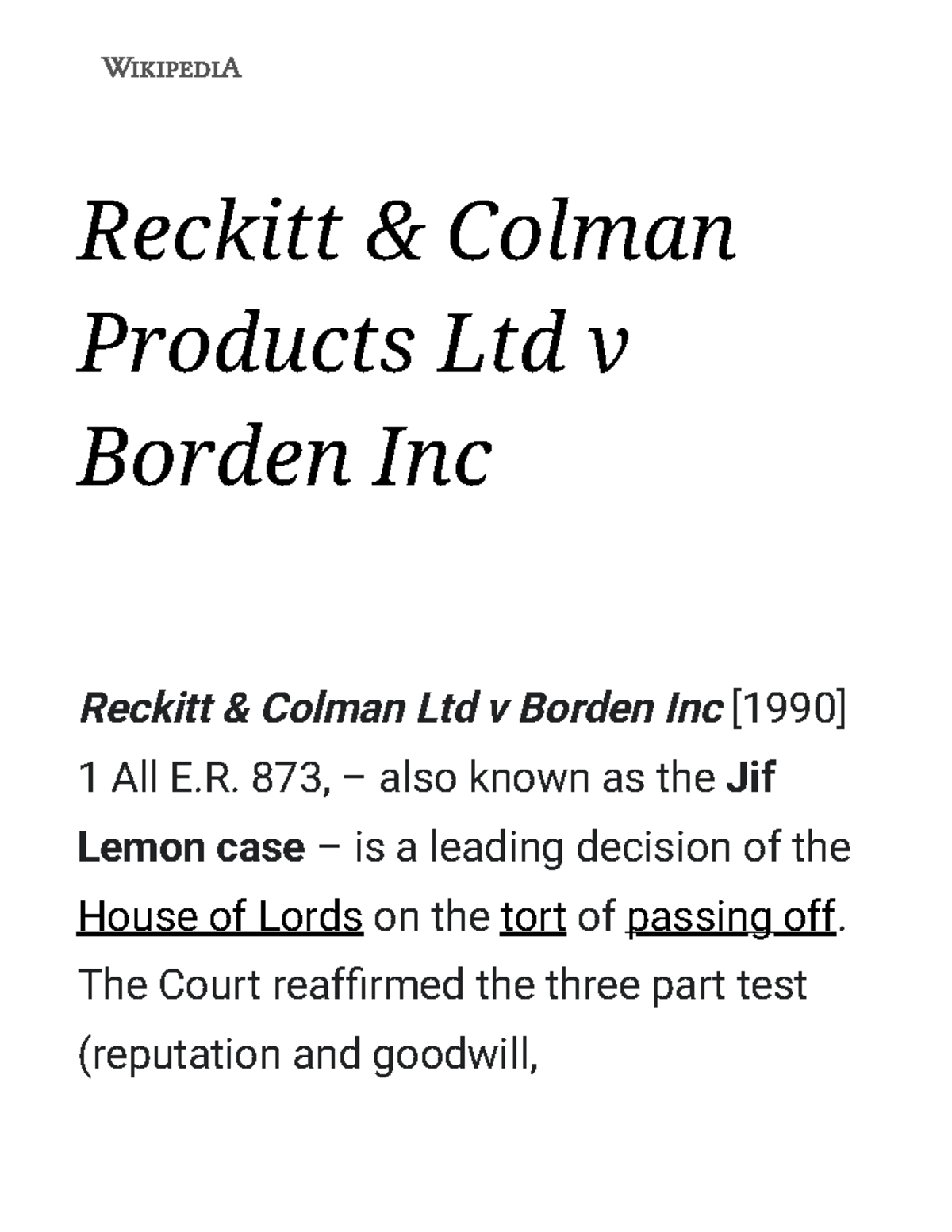 Reckitt & Colman Products Ltd v Borden Inc - Wikipedia - Reckitt ...