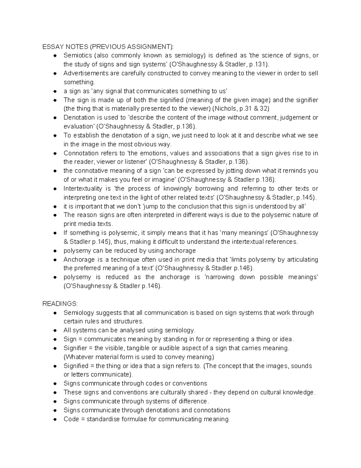 Semiotics - Exam Study Notes (Summary) - ESSAY NOTES (PREVIOUS ...