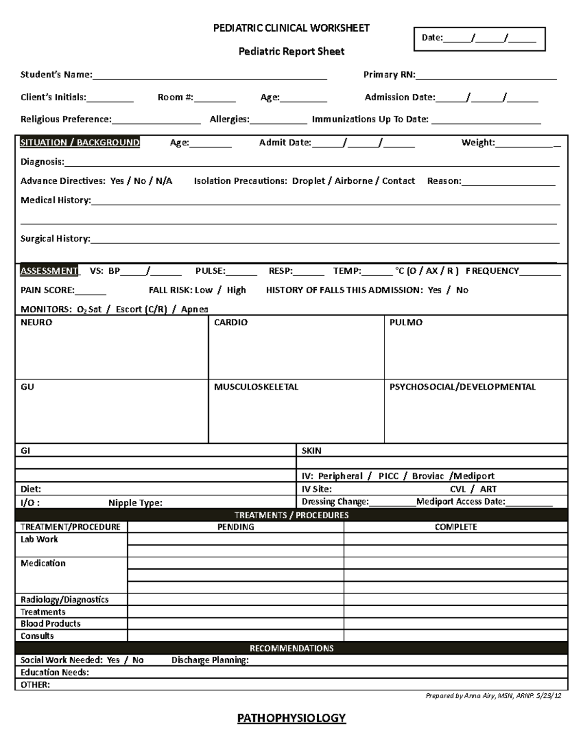 Peds clinical worksheet - PEDIATRIC CLINICAL WORKSHEET Pediatric Report ...