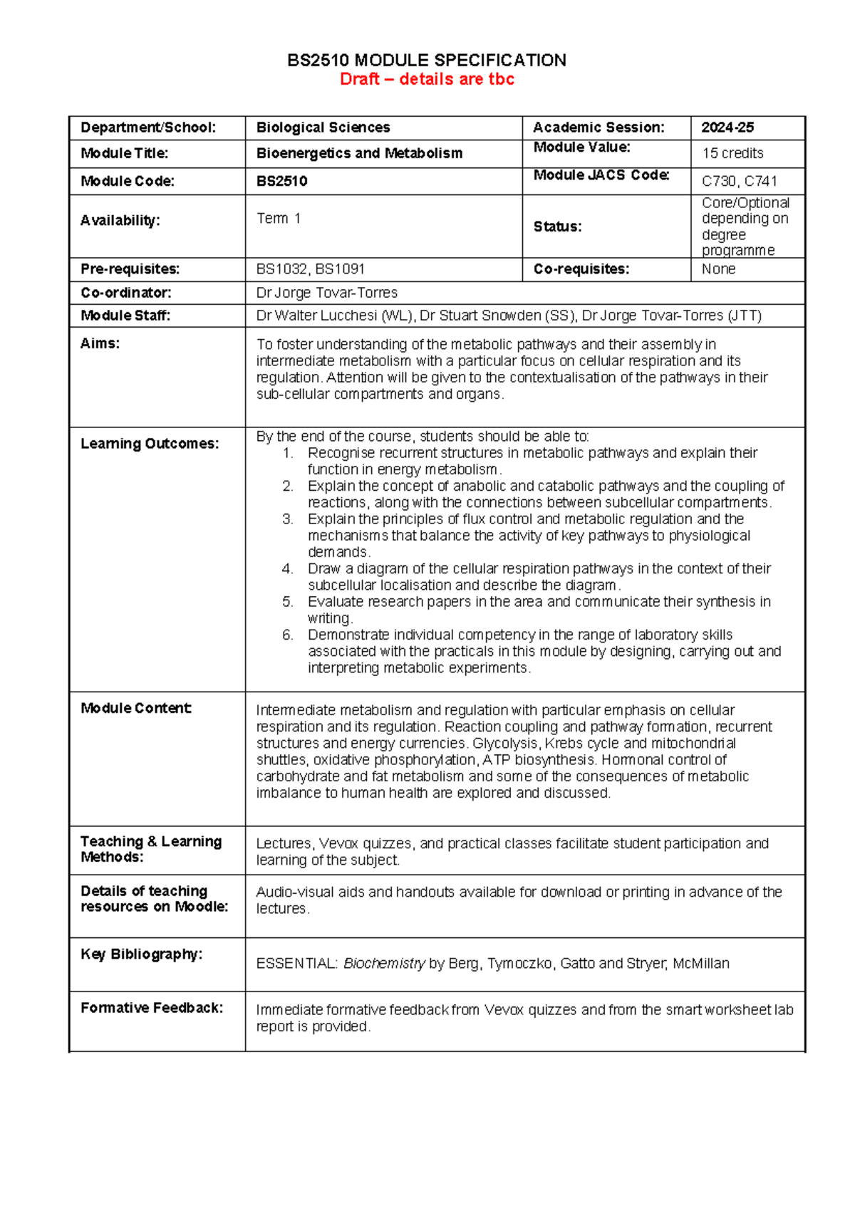 BS2510 Bioenergetics Module Spec 2024-25 Draft - BS2510 MODULE ...