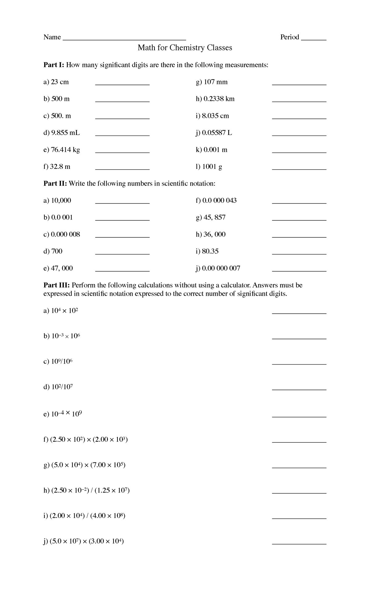 Mathfor Chemistry - Practice Math Sheet - Name 