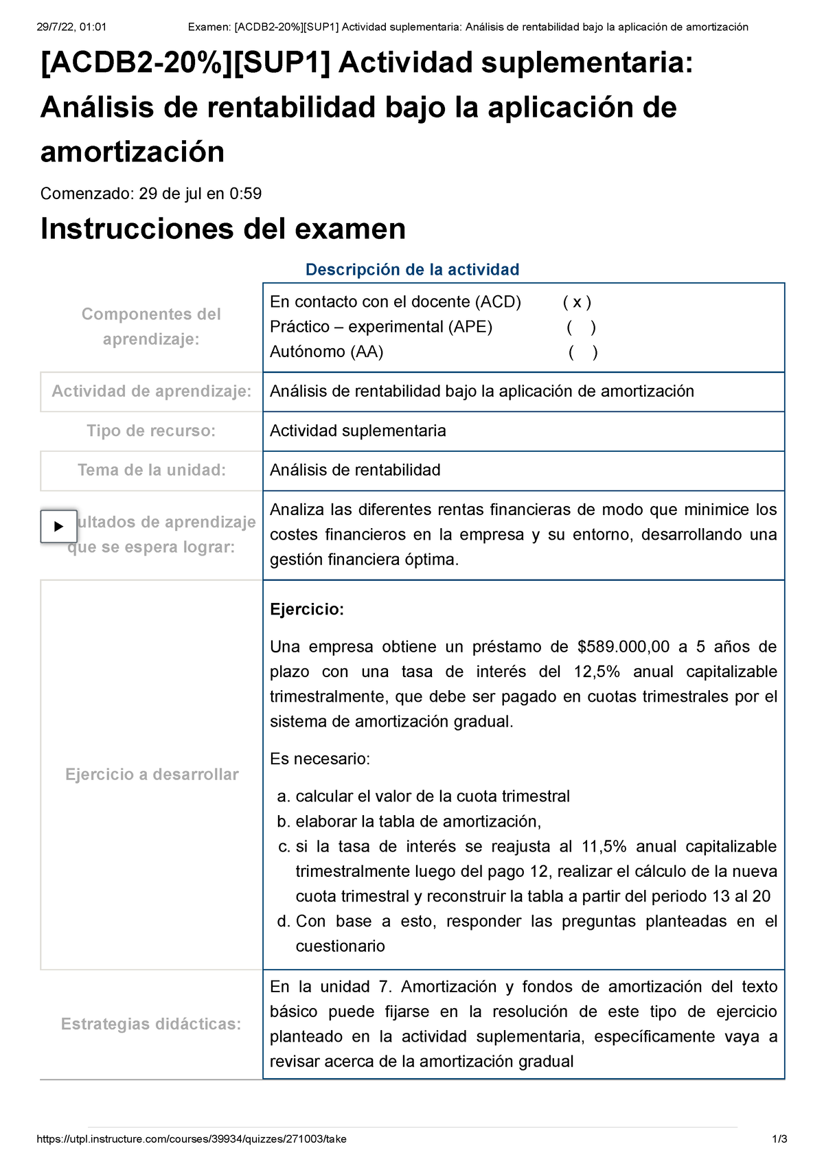 Examen Acdb Sup Actividad Suplementaria An Lisis De Rentabilidad Bajo La Aplicaci N