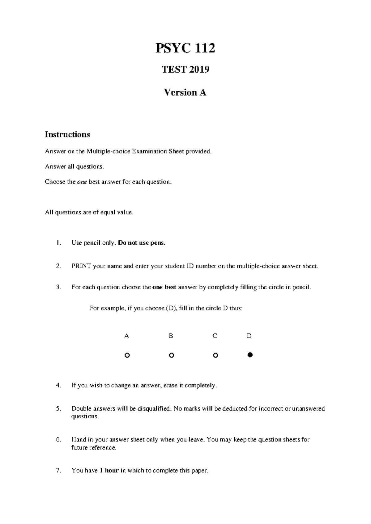 112 Terms Test 2019 - PSYC 112 TEST 201 9 Version A Instructions Answer ...