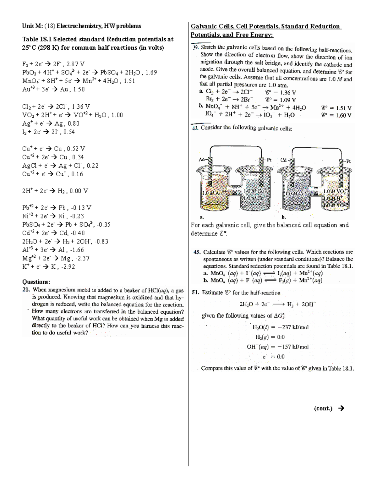 [UNIT M] HW Chemistry Practice. Unit M (18) Electrochemistry, HW