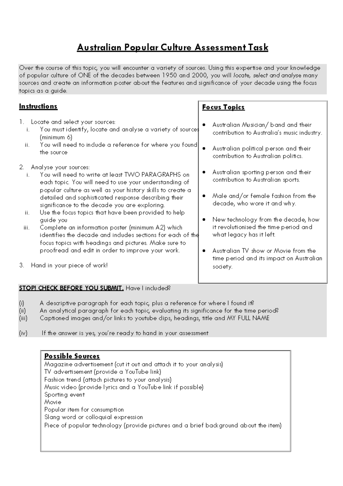 CAT 4 Australian Popular Culture Assessment Task Focus Topics