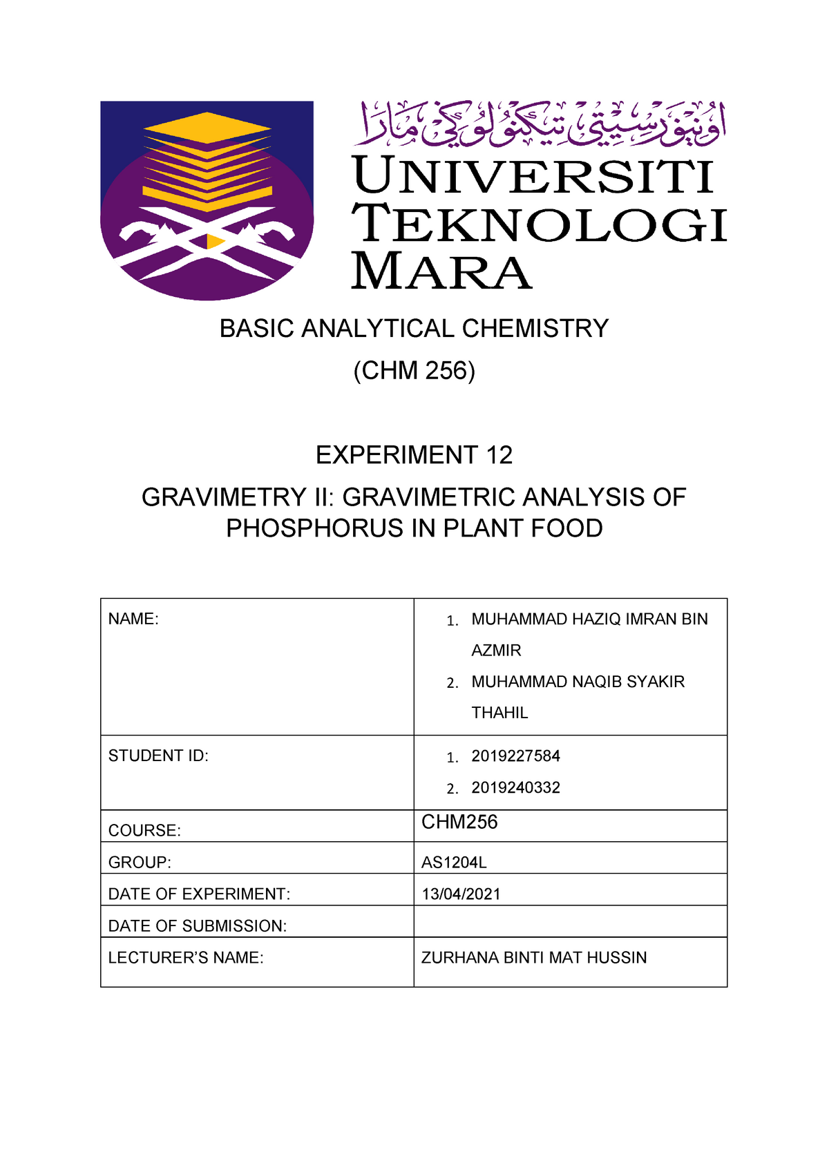 CHM256 Experiment 4   Lab Report  