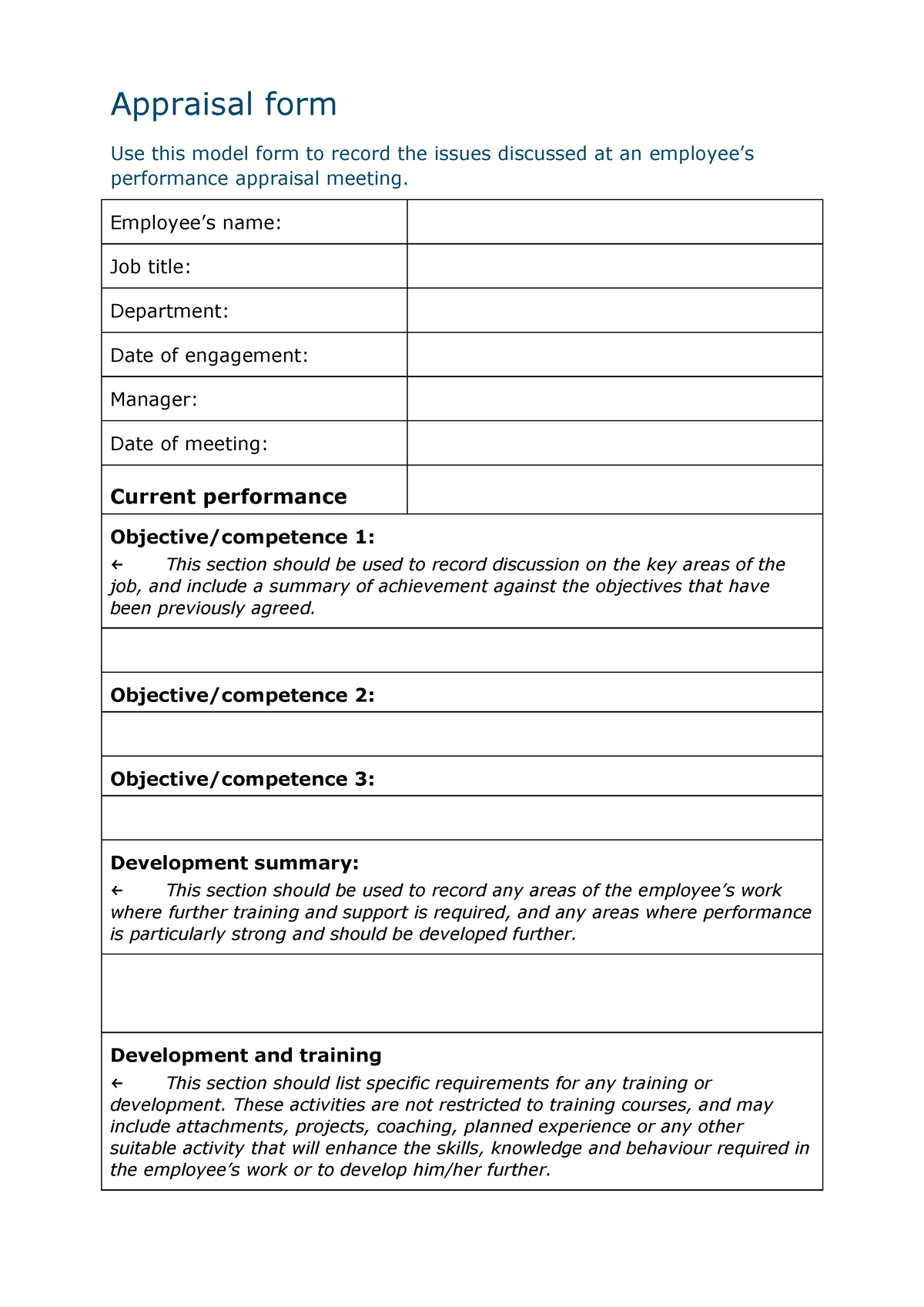 Appraisal form based on job objectives - Appraisal form Use this model ...