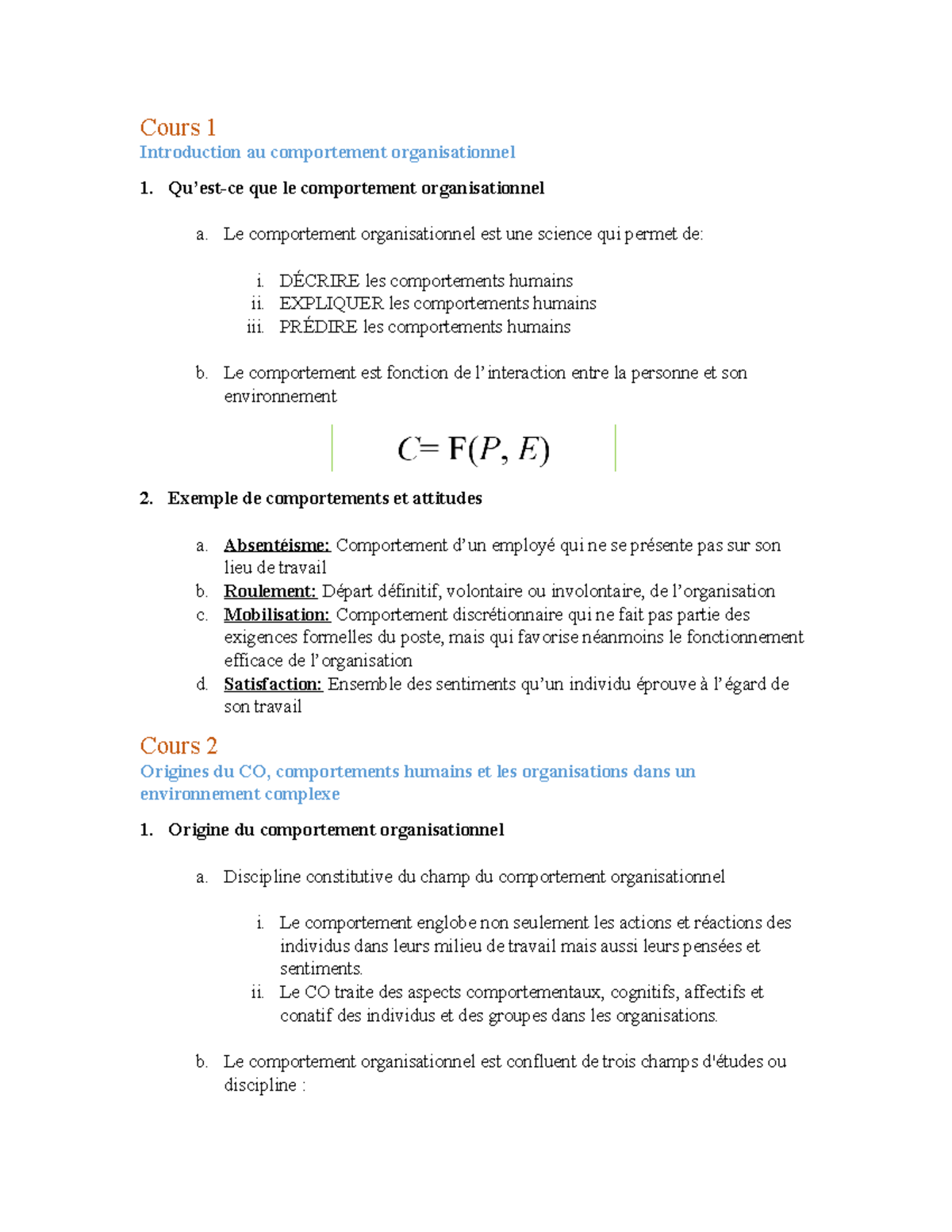 Document De Révision Intra - Cours 1 Introduction Au Comportement ...