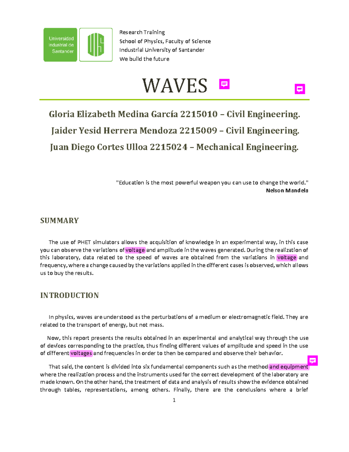 2215024 Informe waves - LABORATORIO - School of Physics, Faculty of ...