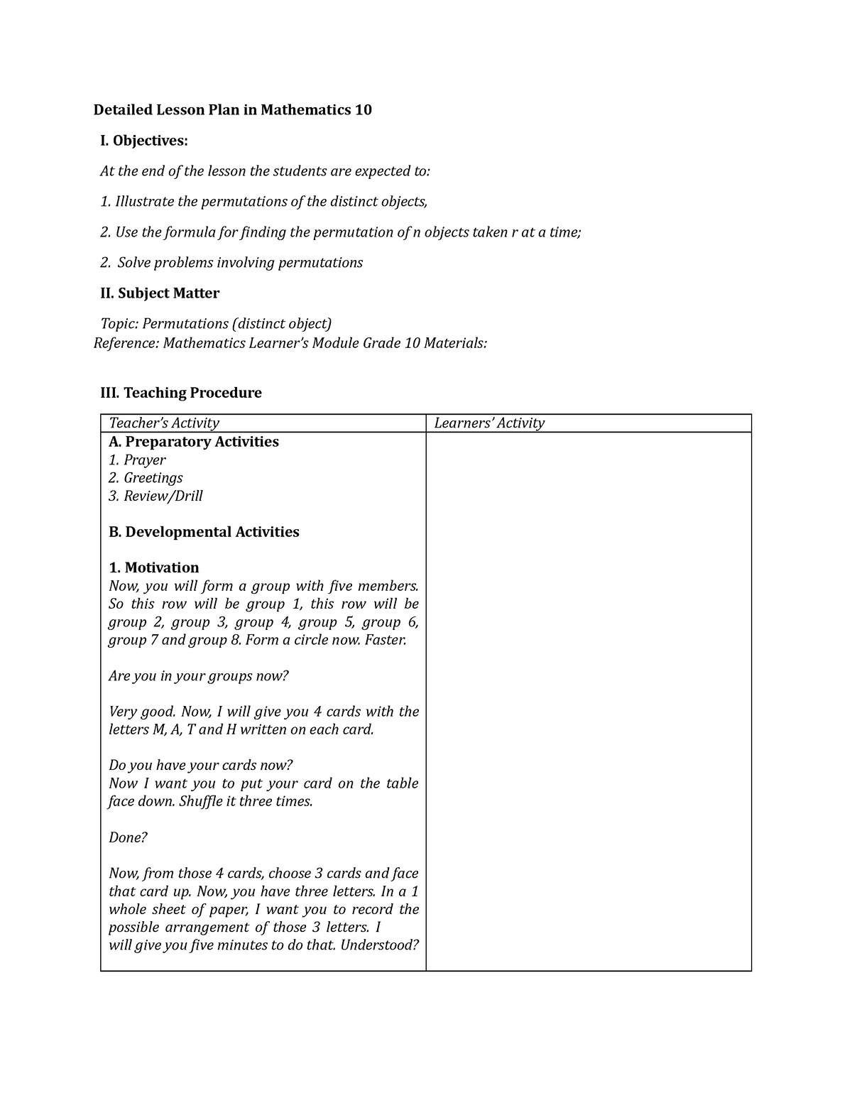 Detailed Lesson Plan In Mathematics 10 For Cotdocx - Detailed Lesson ...