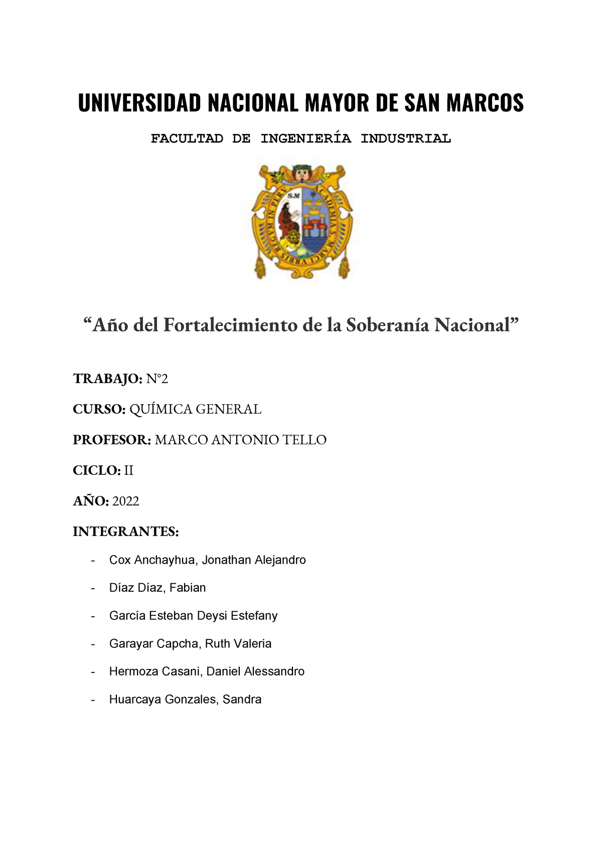 Informe De Laboratorio N°2 - Grupo - UNIVERSIDAD NACIONAL MAYOR DE SAN ...