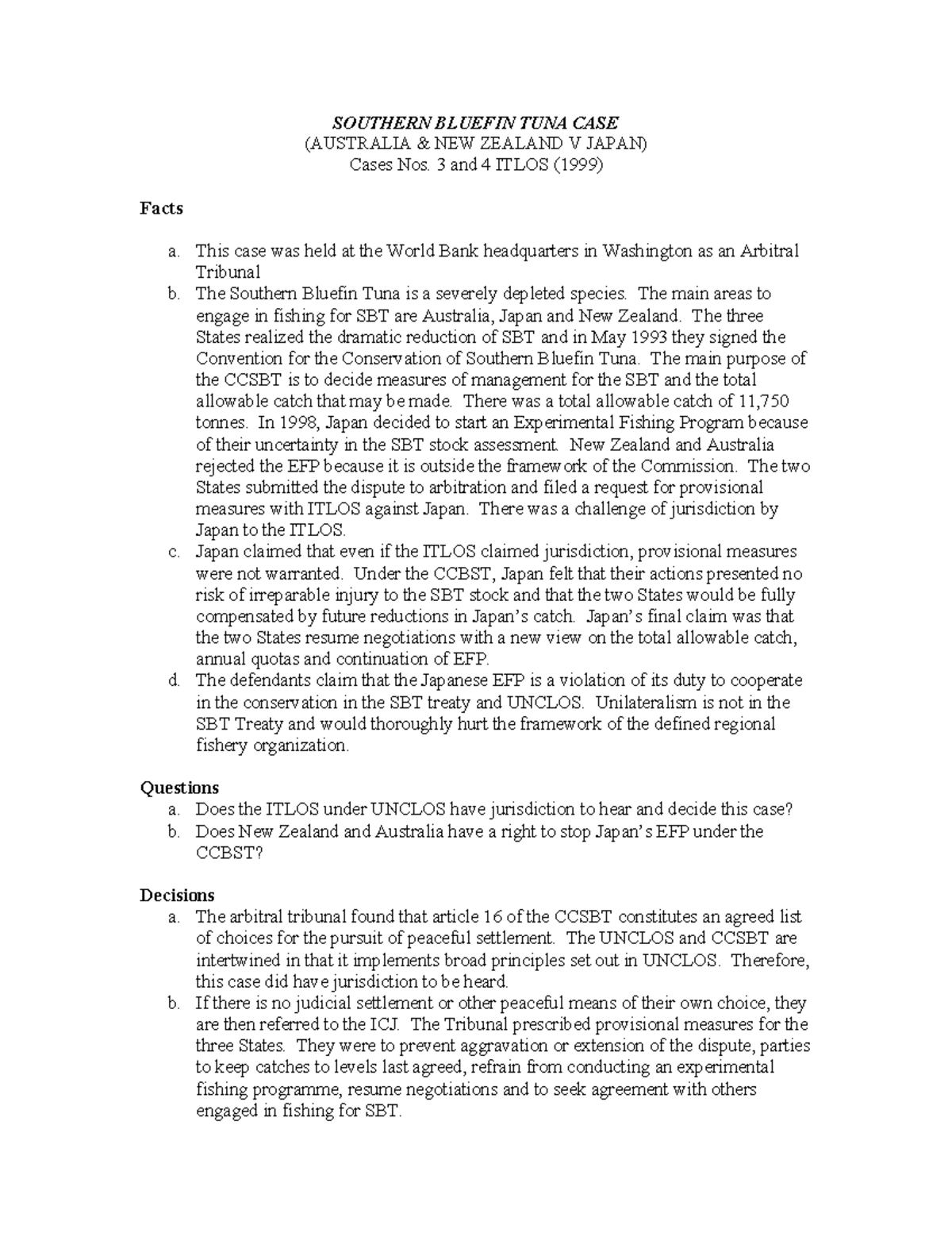 Southern Bluefin Tuna Case Summary SOUTHERN BLUEFIN TUNA CASE (AUSTRALIA & NEW ZEALAND V Studocu