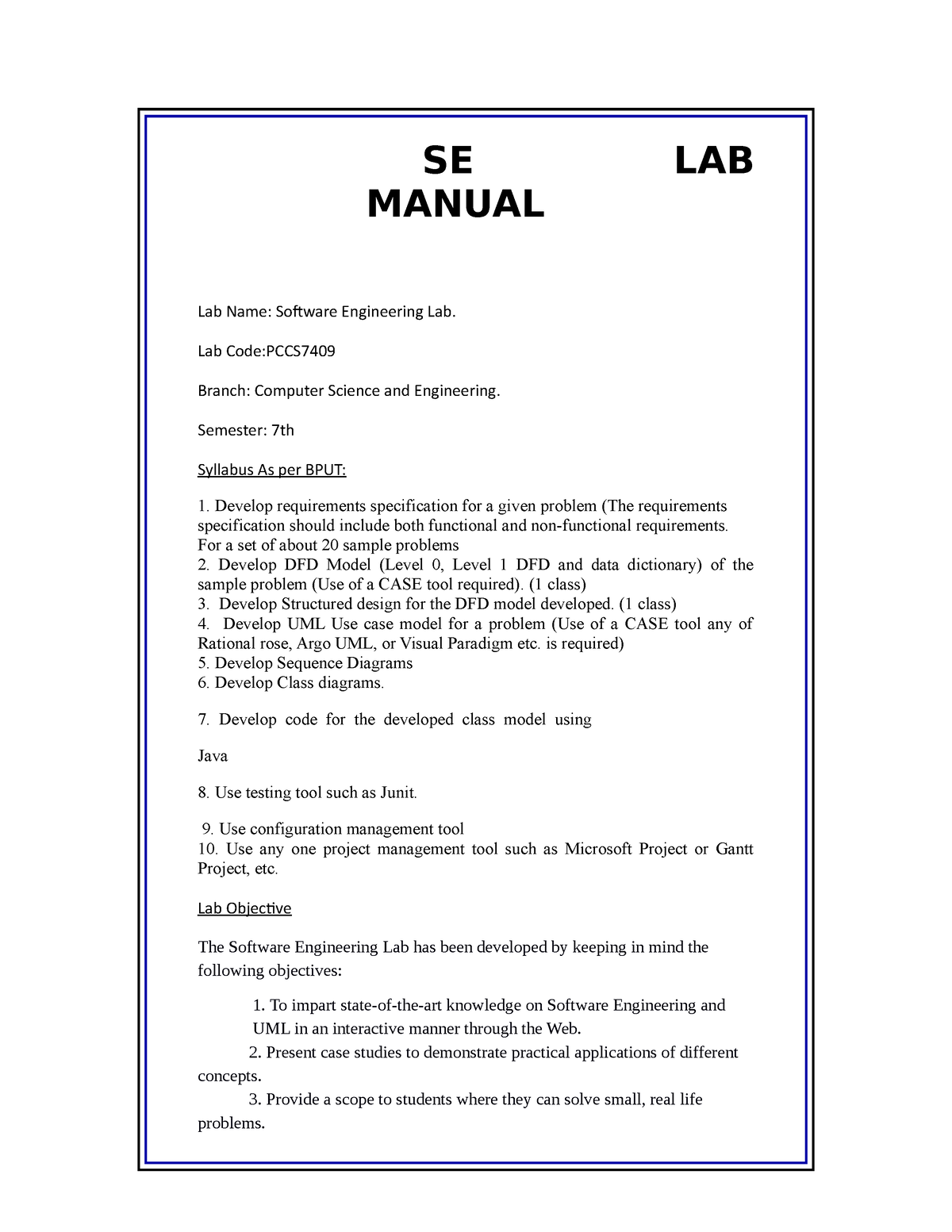 Software engineering lab manual SE LAB MANUAL Lab Name Software