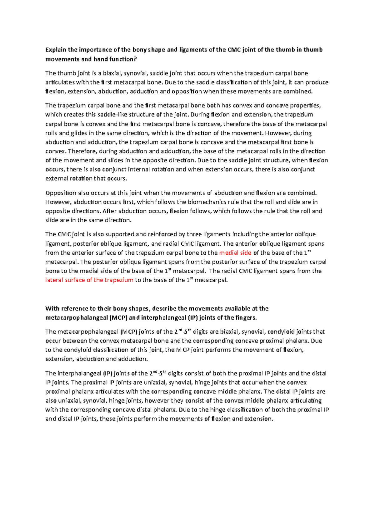 Thumb and Finger SA Questions Explain the importance of the bony