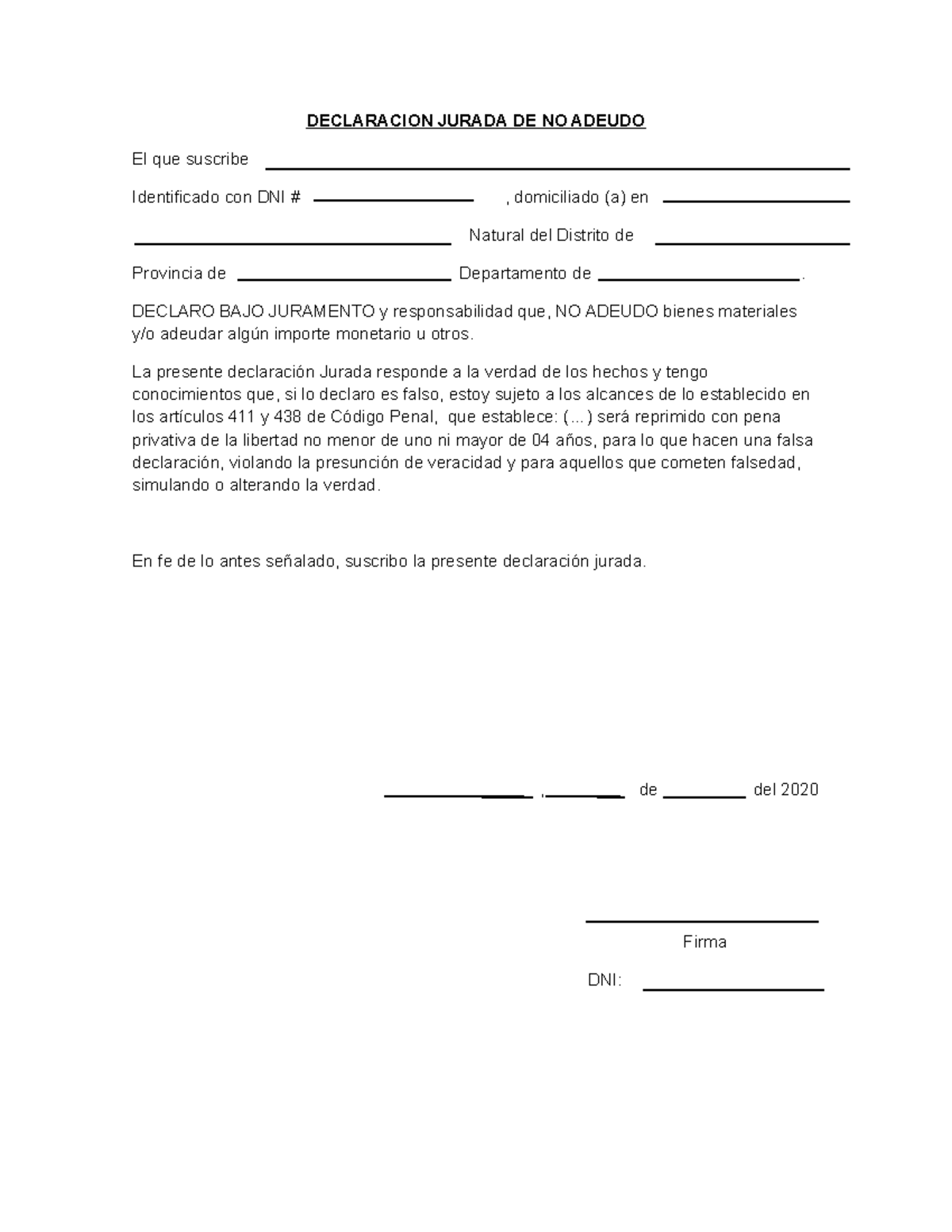 Declaracion Jurada DE NO Adeudo - DECLARACION JURADA DE NO ADEUDO El ...