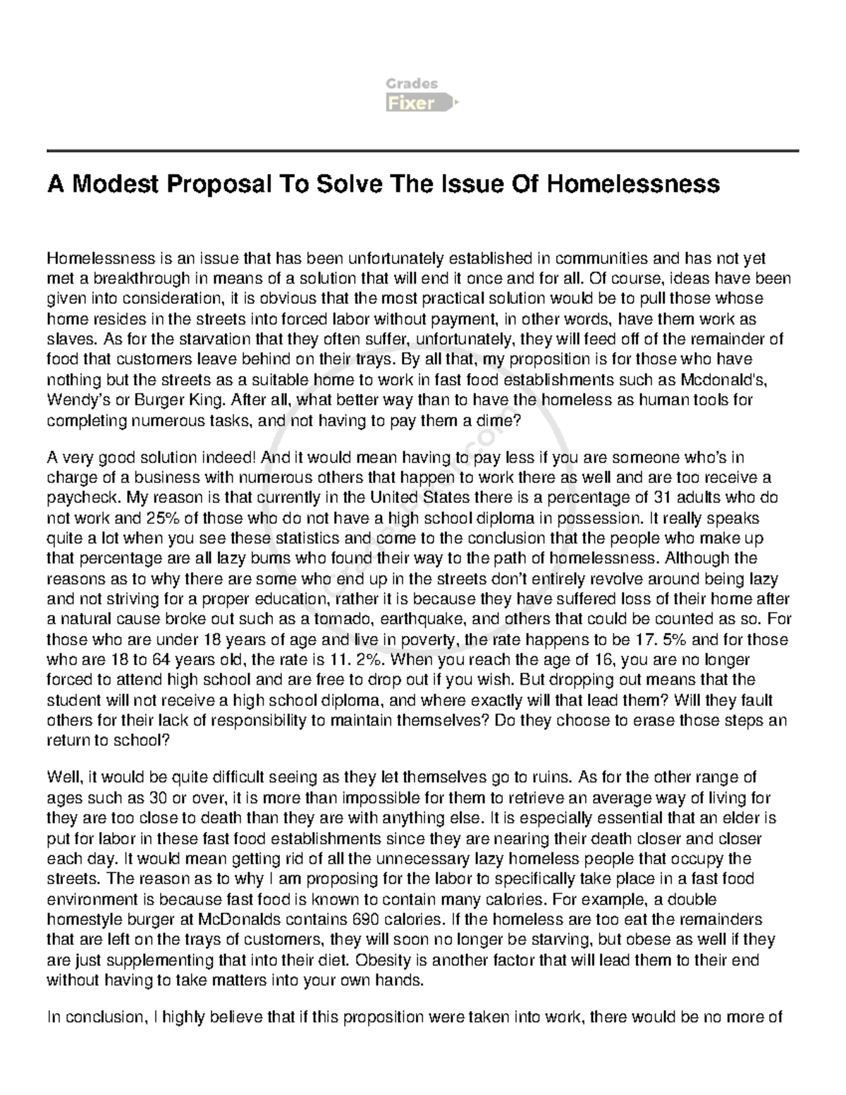 A Modest Proposal To Solve The Issue Of Homelessness A Modest 