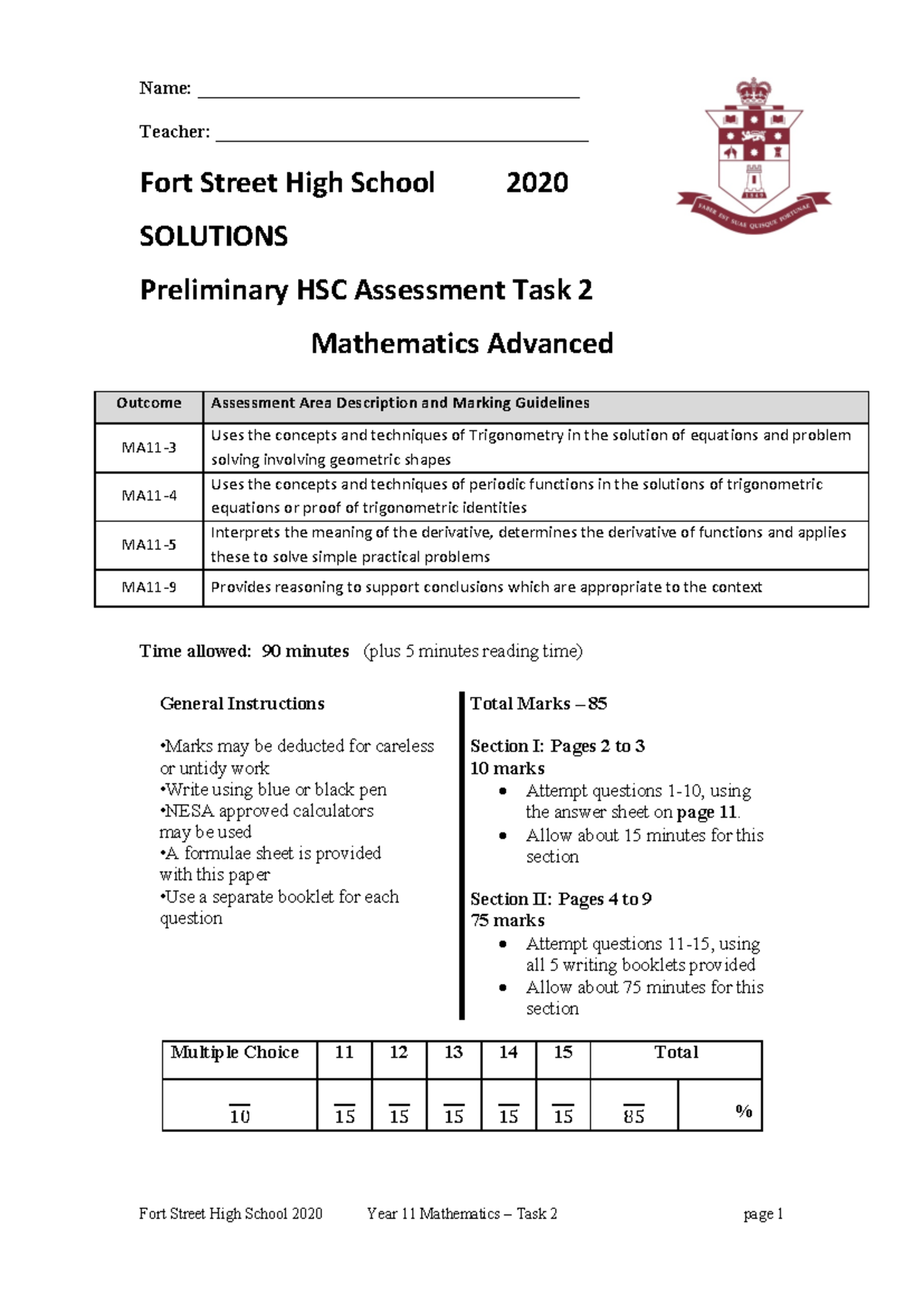 2020 Yr 11 Mathematics Advanced Assessment Task 2 Solutions - Name ...