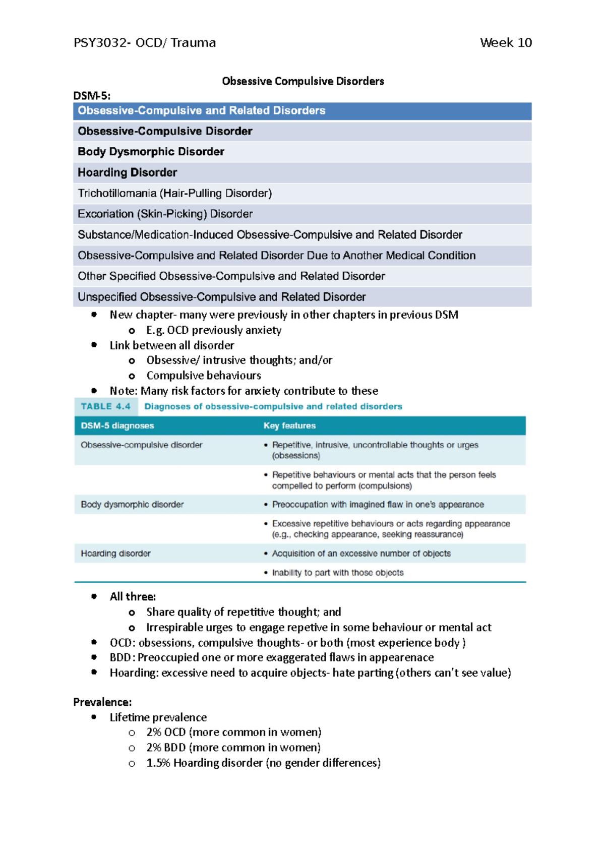 Week 10- OCD: Trauma - Lecture notes 10 - PSY3032 - Monash - Studocu