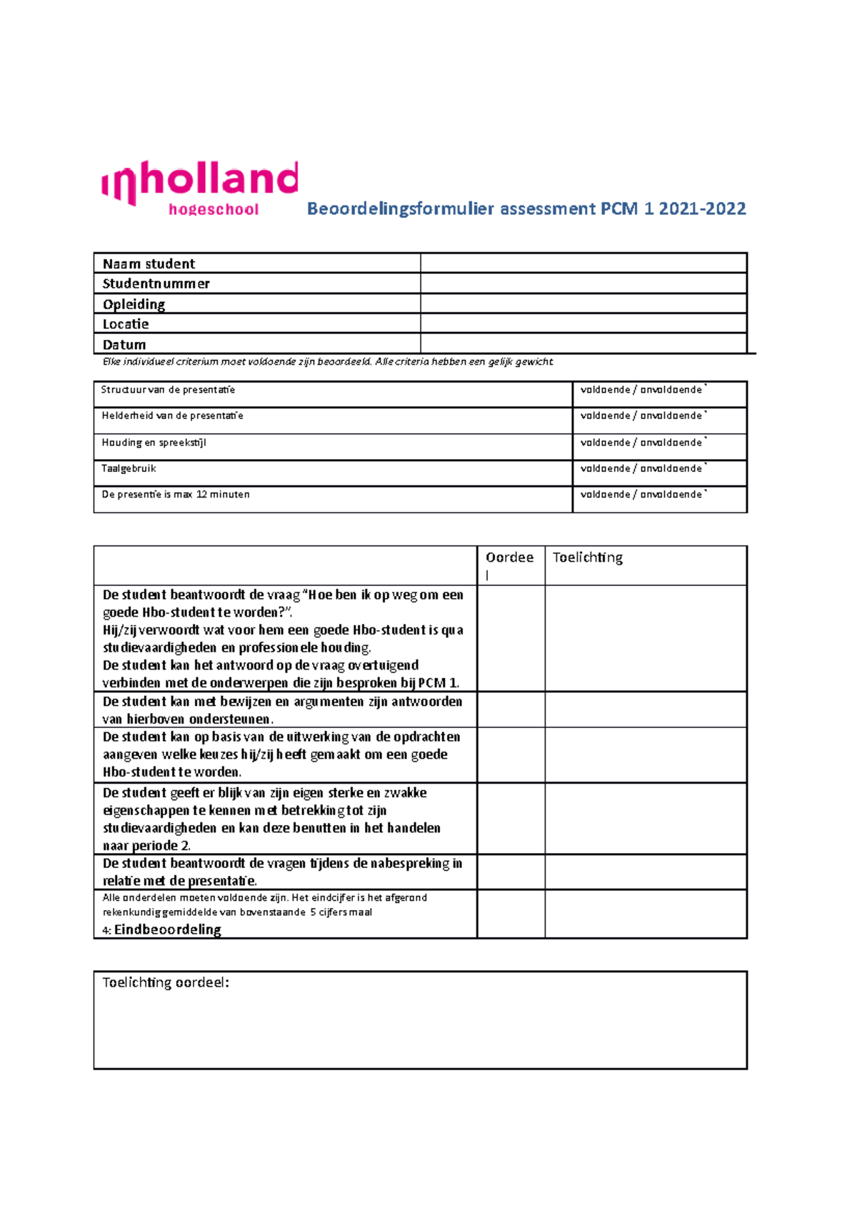 2021-2022Beoordelingsformulier Assessment Periode 1 PCM Jaar 1 ...