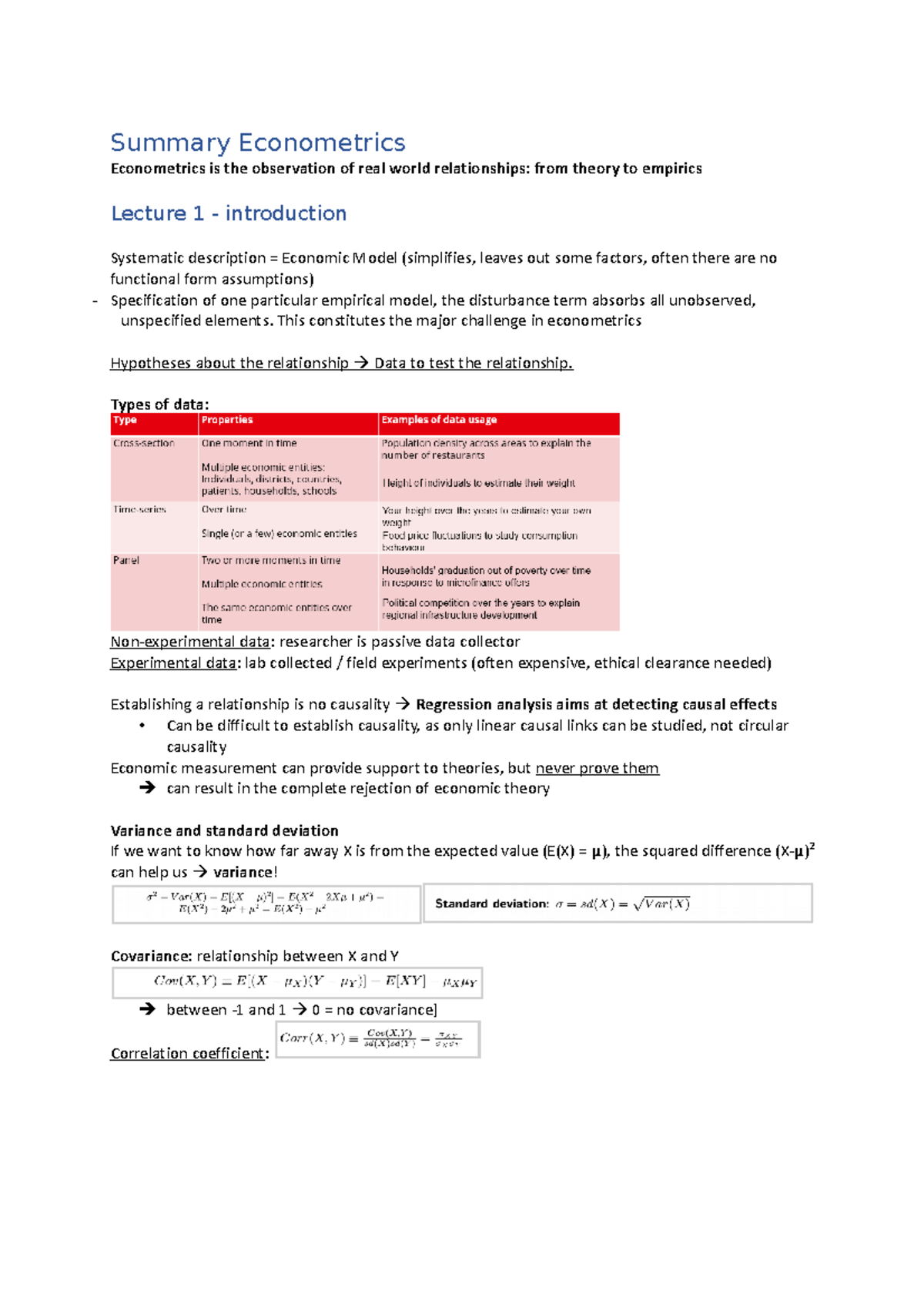 Summary Econometrics samenvatting Summary Econometrics Econometrics