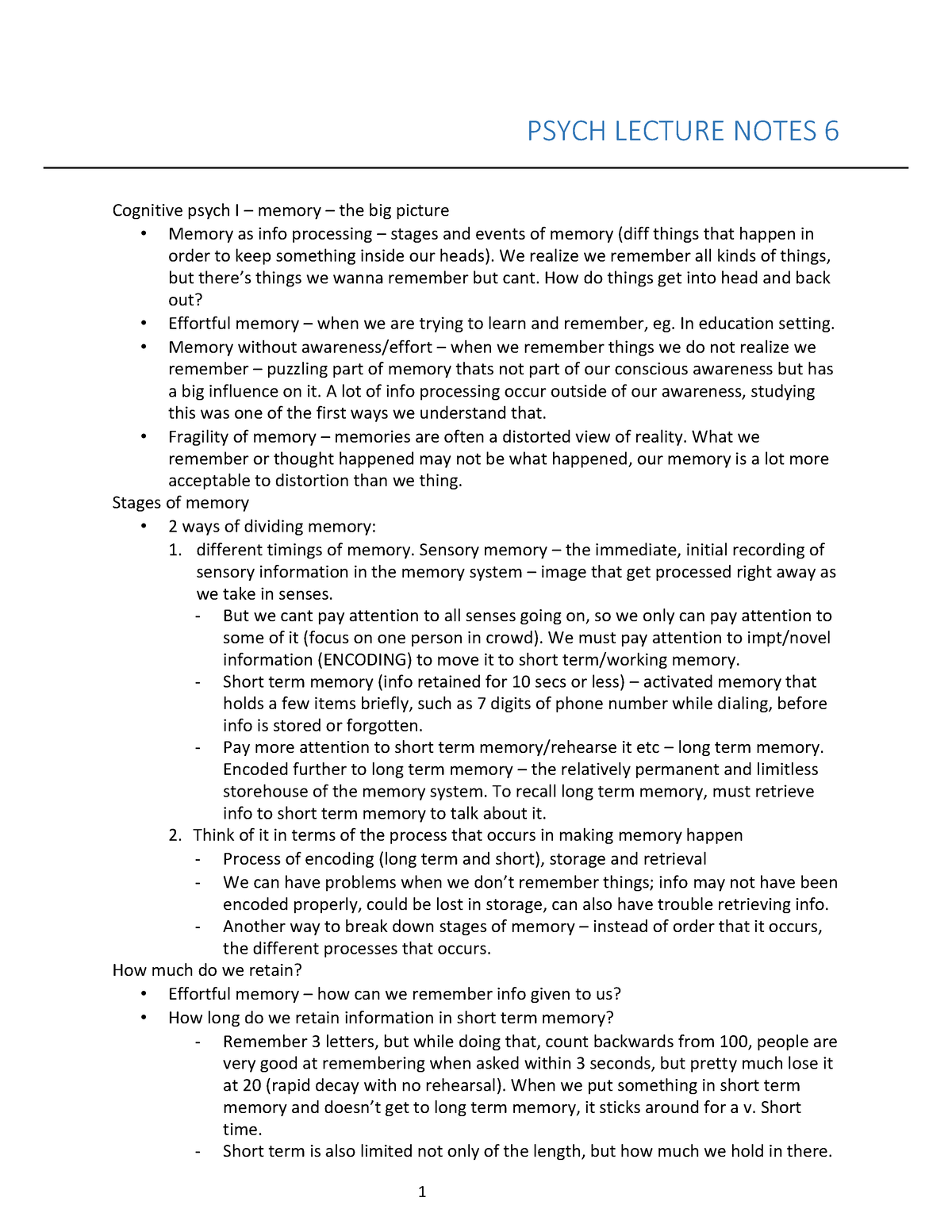 Psych 101 Lecture Notes 6 - 1 PSYCH LECTURE NOTES 6 Cognitive Psych I ...