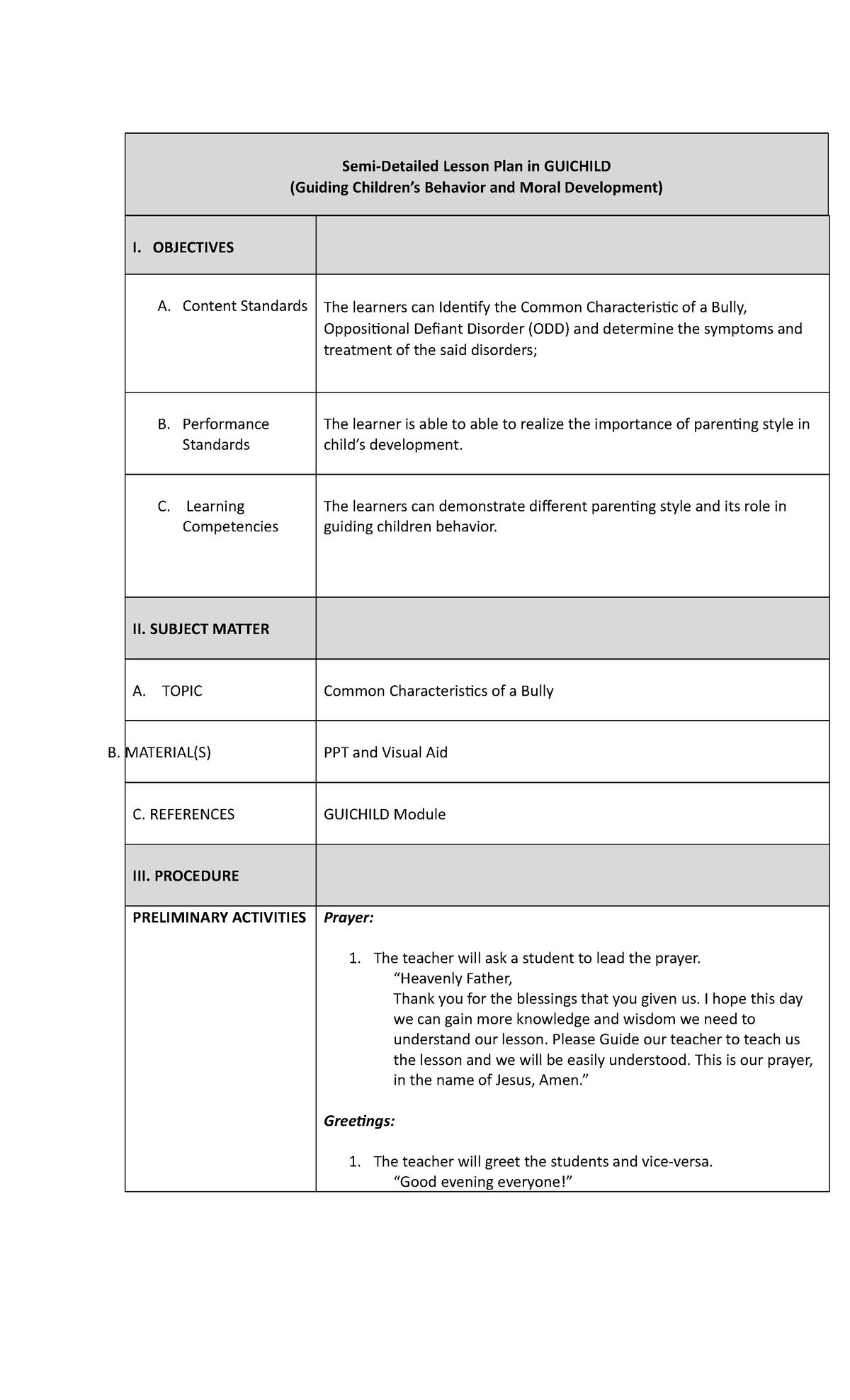 Semi lp in Guichild original - Semi-Detailed Lesson Plan in GUICHILD ...